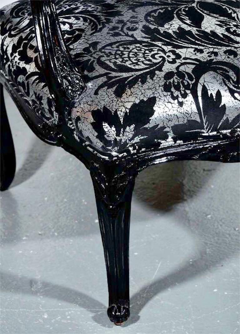 Louis XV Armchair in Black Lacquer and Embossed Silvered Velvet For Sale 3