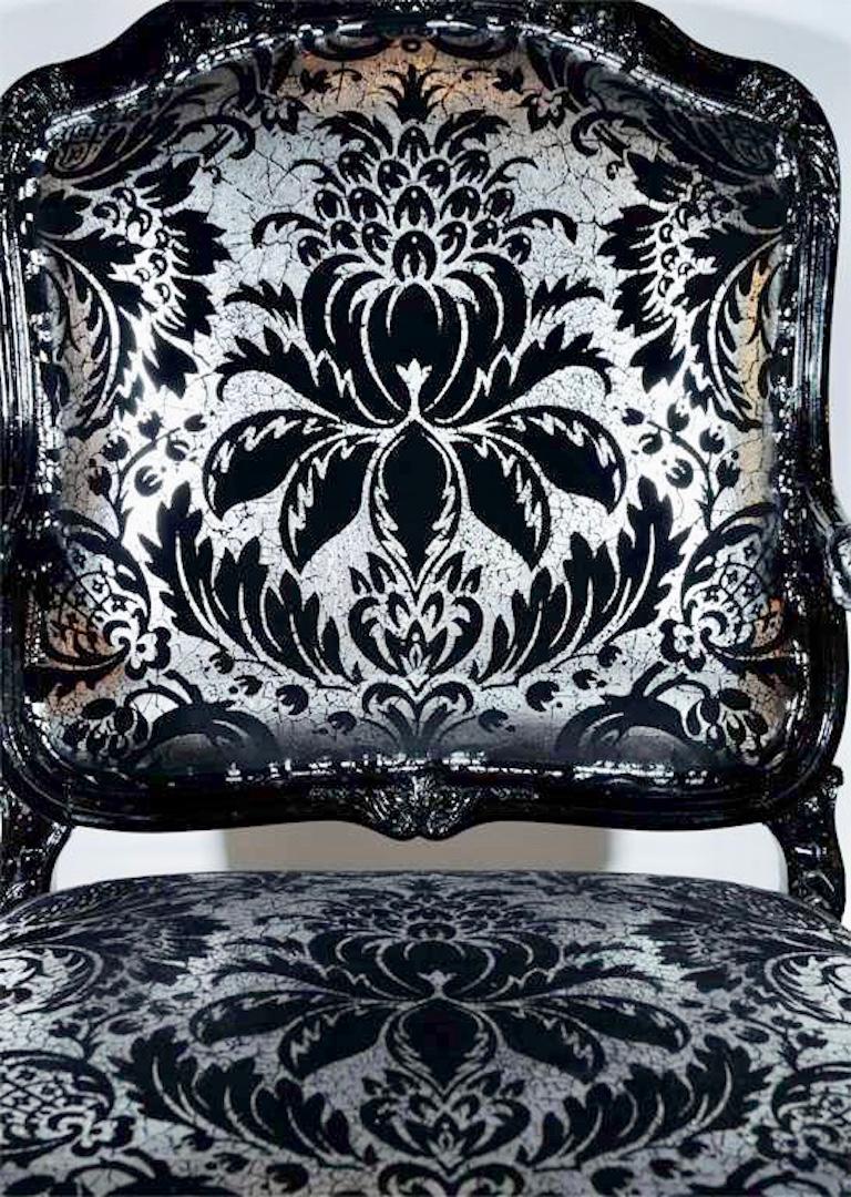 American Louis XV Armchair in Black Lacquer and Embossed Silvered Velvet For Sale