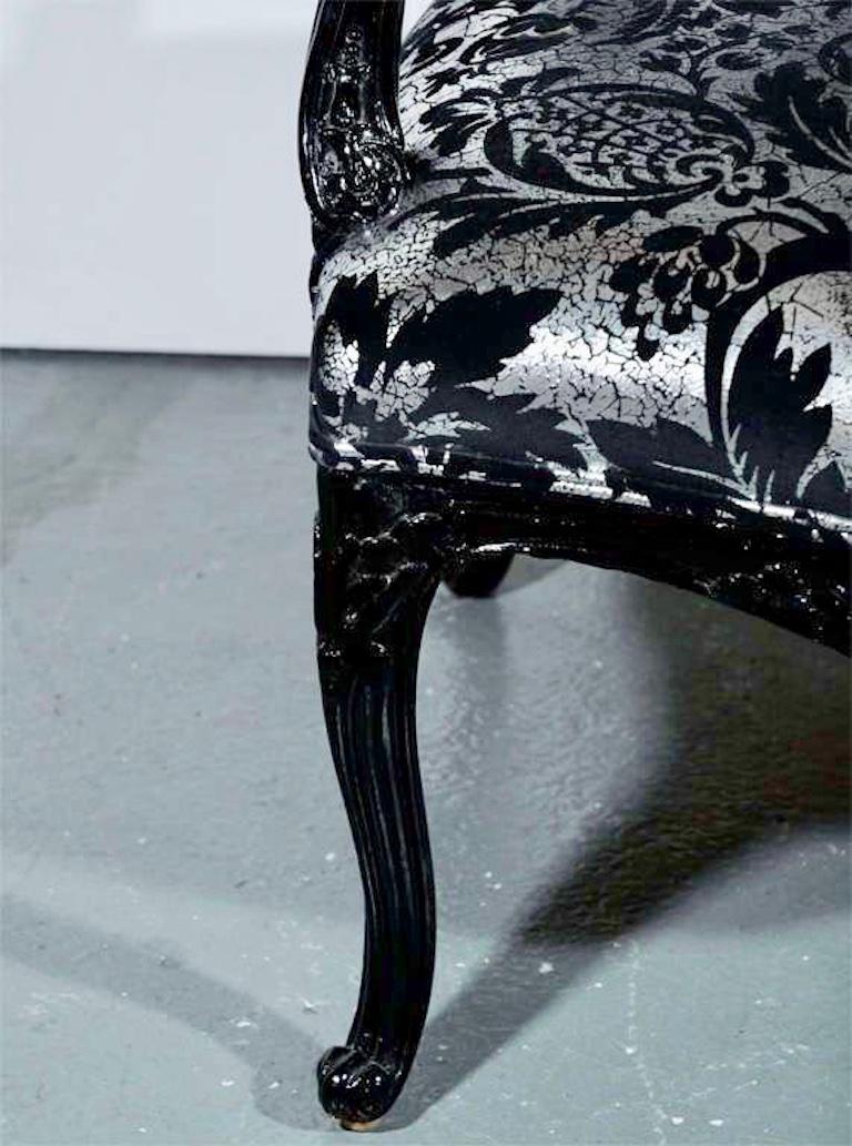 Louis XV Armchair in Black Lacquer and Embossed Silvered Velvet For Sale 4