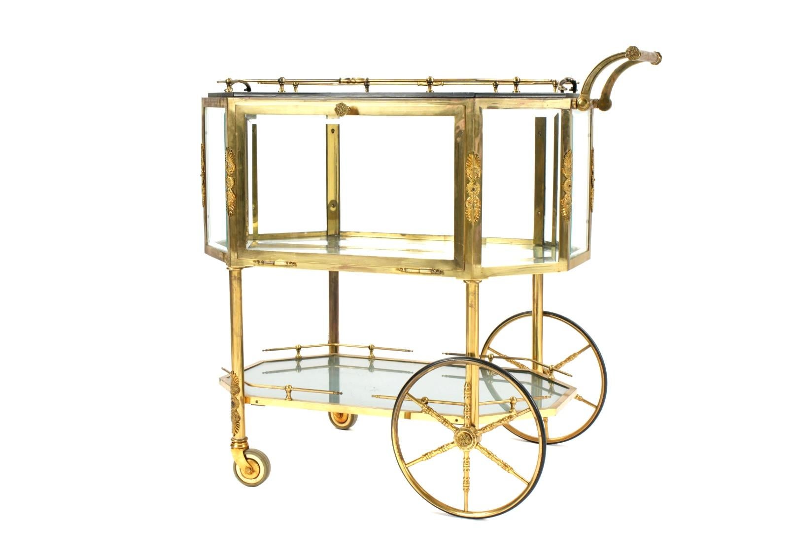 French Hollywood Regency Beveled Glass, Bronze, Tea Wagon / Serving Cart / Bar Cart For Sale