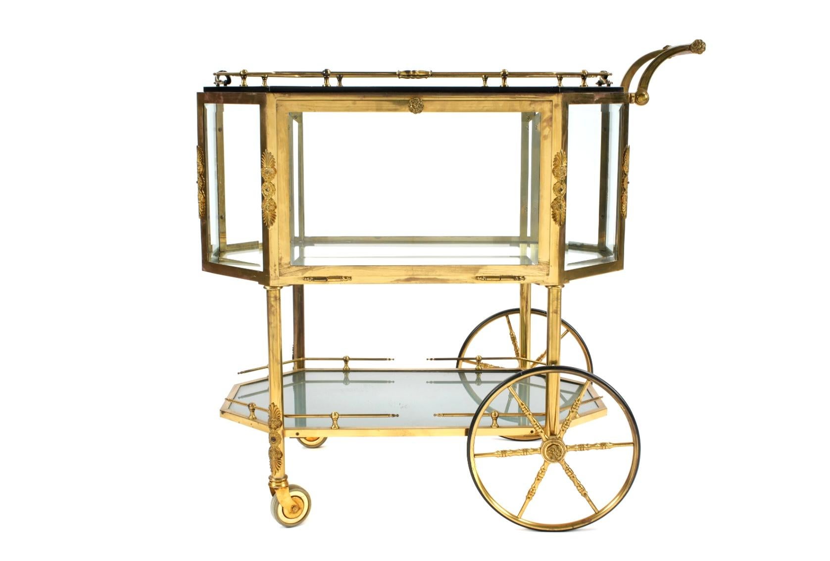Hollywood Regency Beveled Glass, Bronze, Tea Wagon / Serving Cart / Bar Cart In Good Condition For Sale In Bradenton, FL
