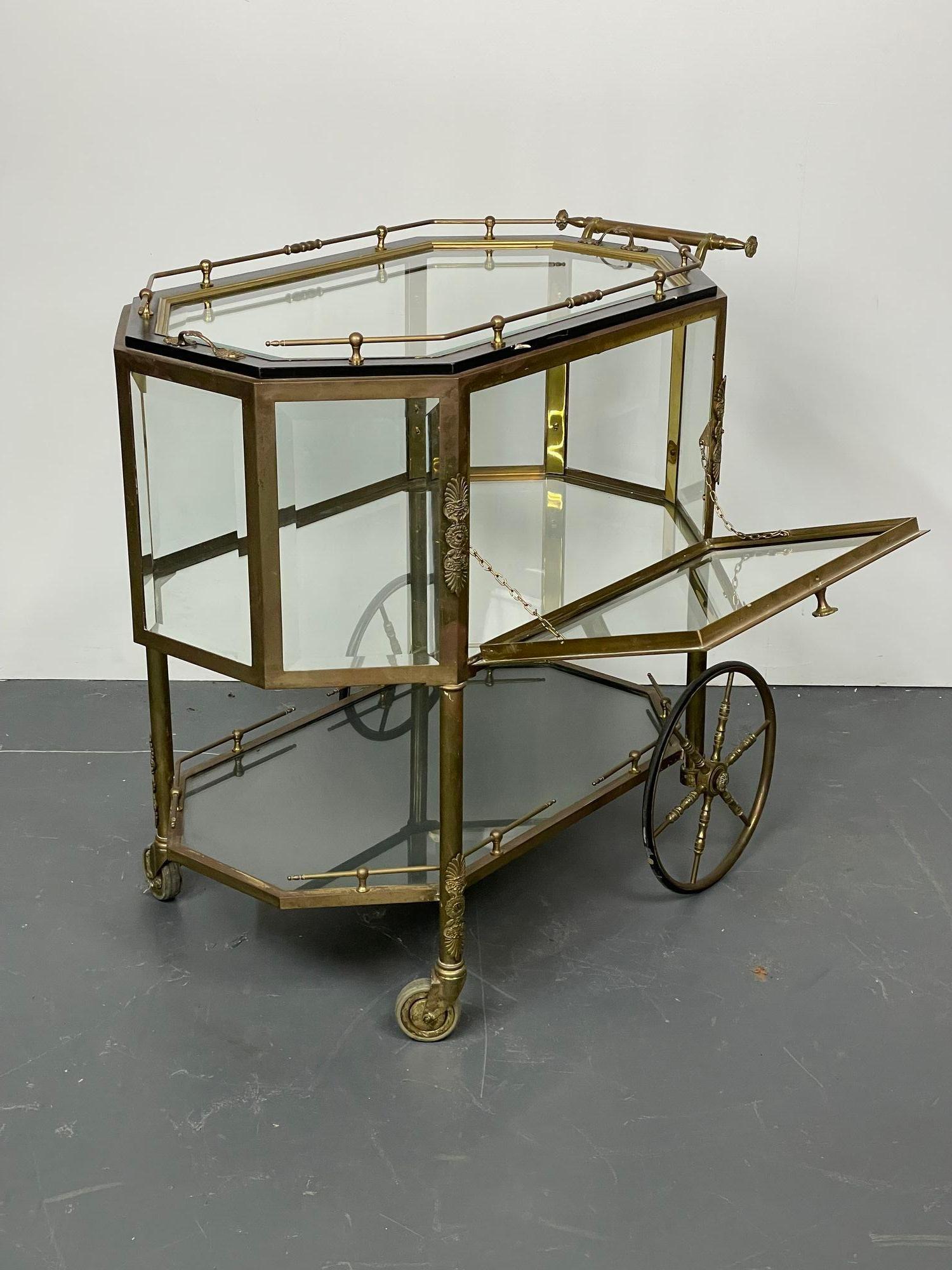 French Hollywood Regency Beveled Glass, Bronze, Tea Wagon / Serving Cart / Bar Cart