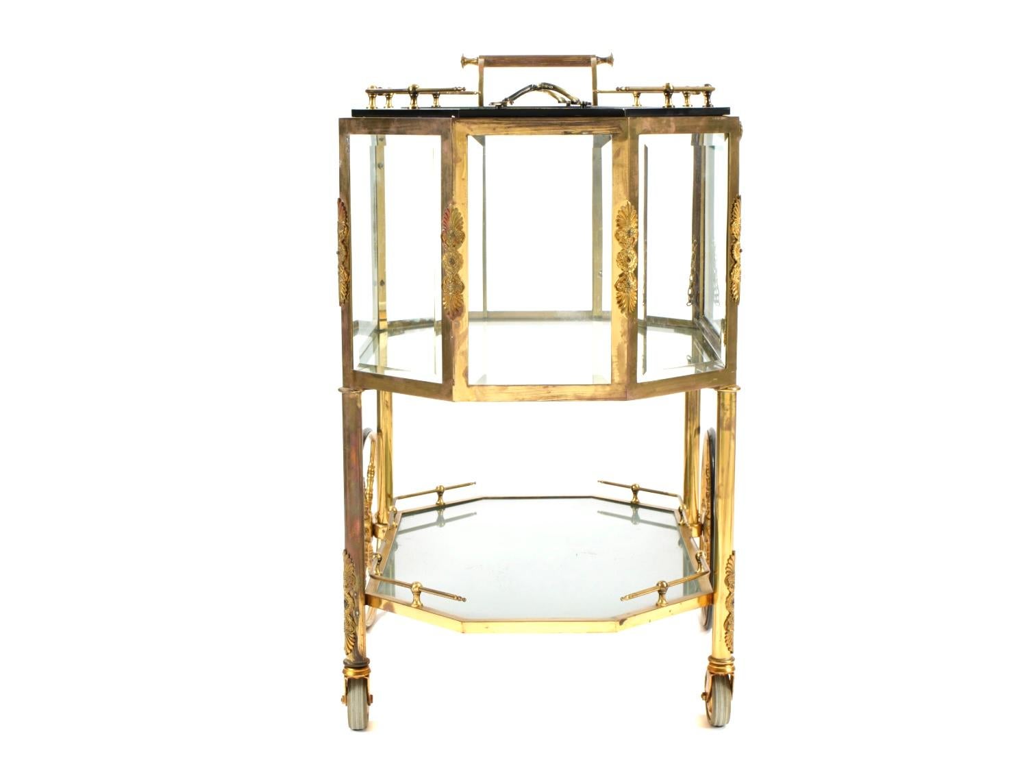 20th Century Hollywood Regency Beveled Glass, Bronze, Tea Wagon / Serving Cart / Bar Cart For Sale