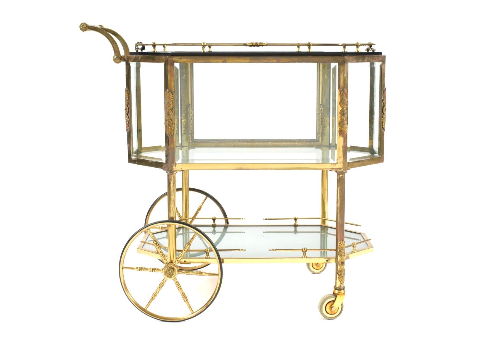 Brass Hollywood Regency Beveled Glass, Bronze, Tea Wagon / Serving Cart / Bar Cart For Sale