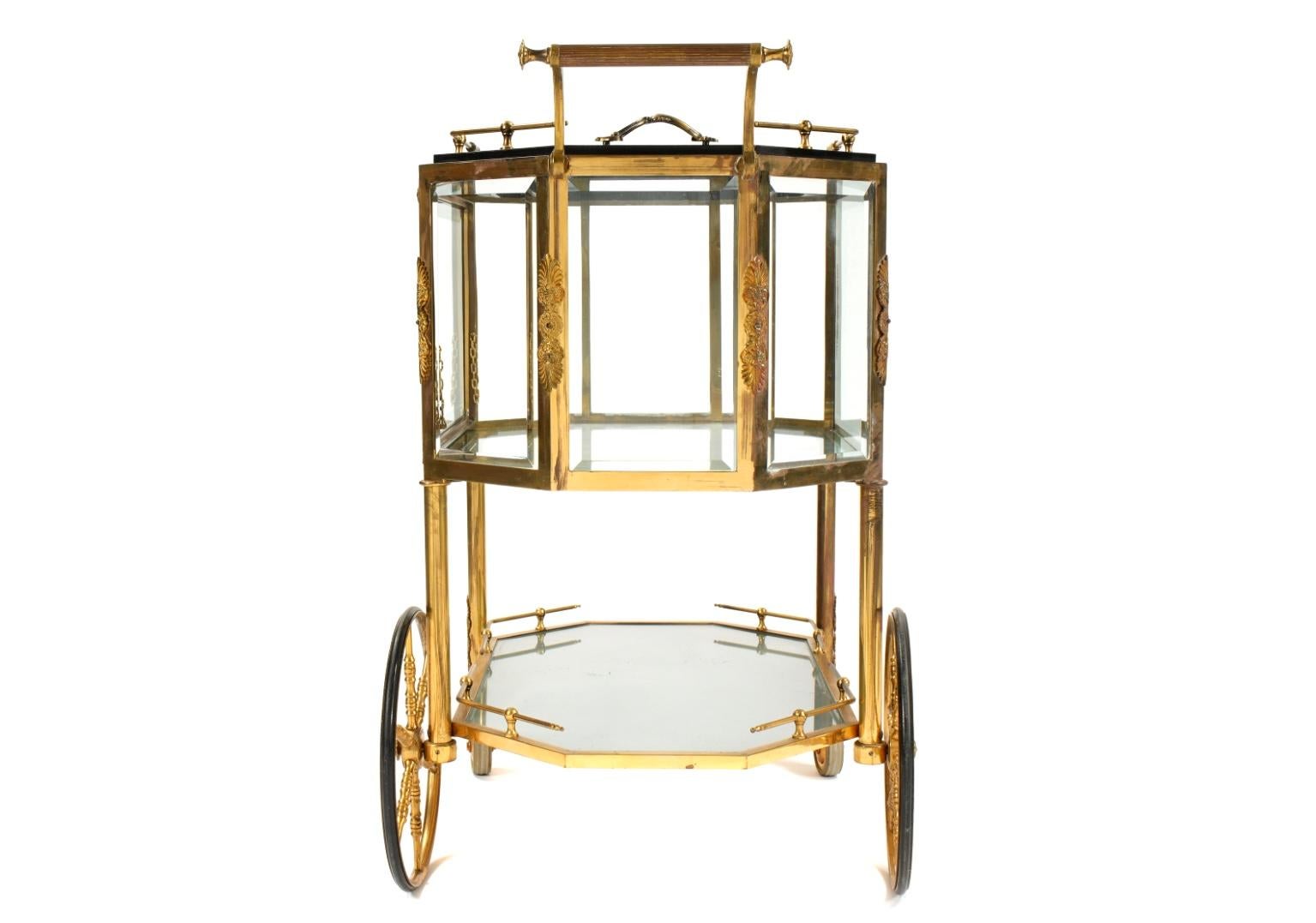 Hollywood Regency Beveled Glass, Bronze, Tea Wagon / Serving Cart / Bar Cart For Sale 1