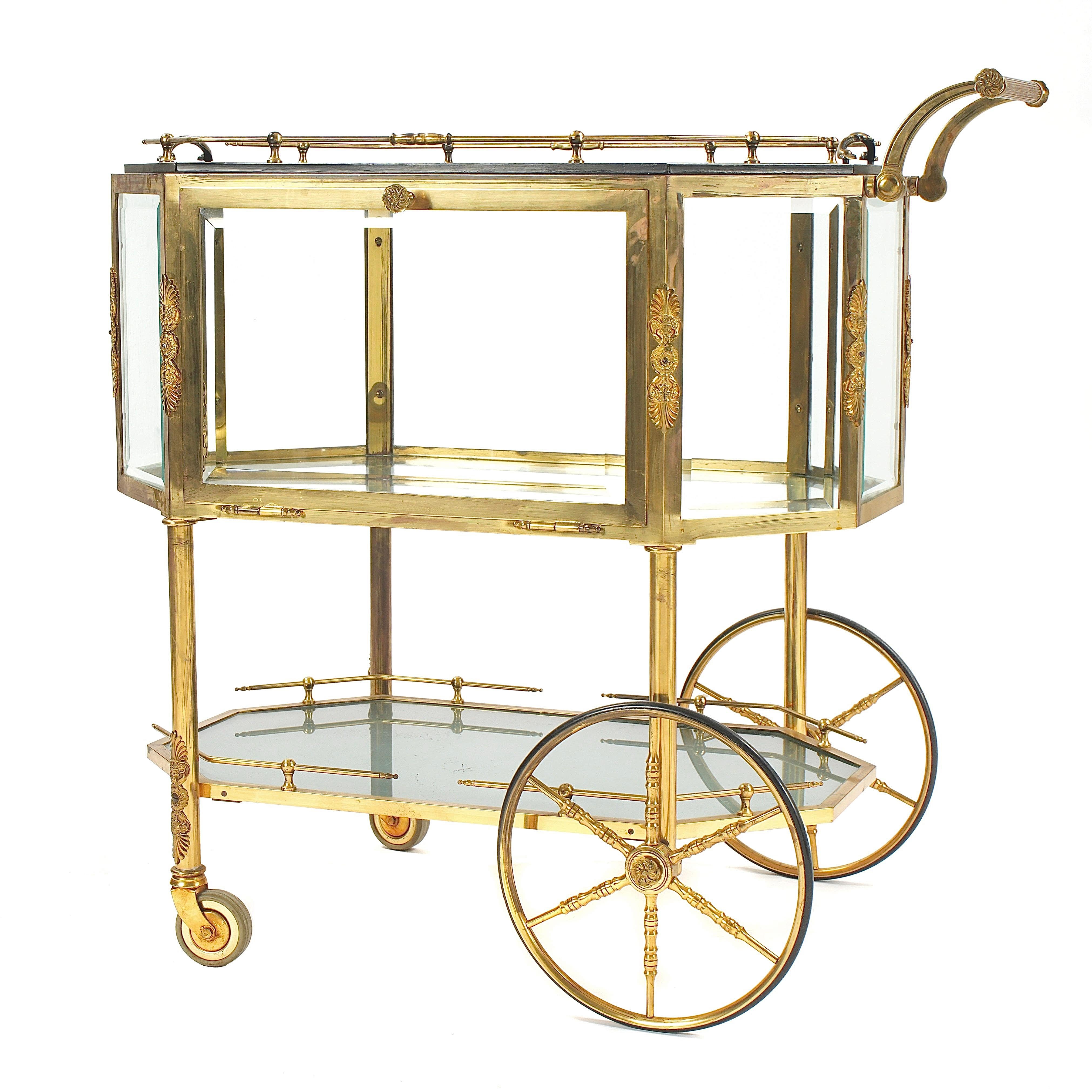 Hollywood Regency Beveled Glass, Bronze, Tea Wagon / Serving Cart / Bar Cart For Sale 2