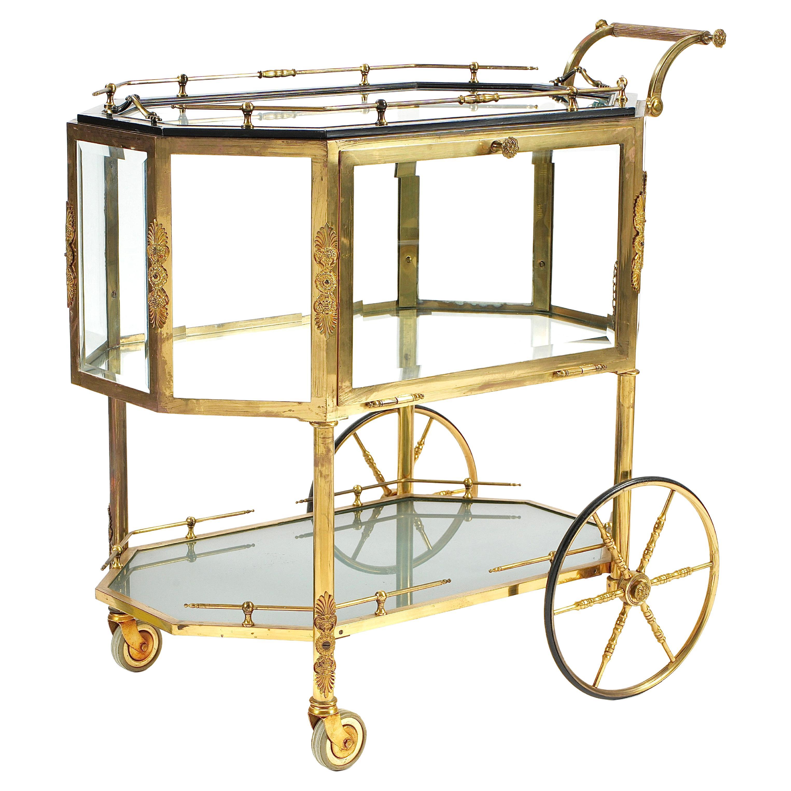 Hollywood Regency Beveled Glass, Bronze, Tea Wagon / Serving Cart / Bar Cart For Sale