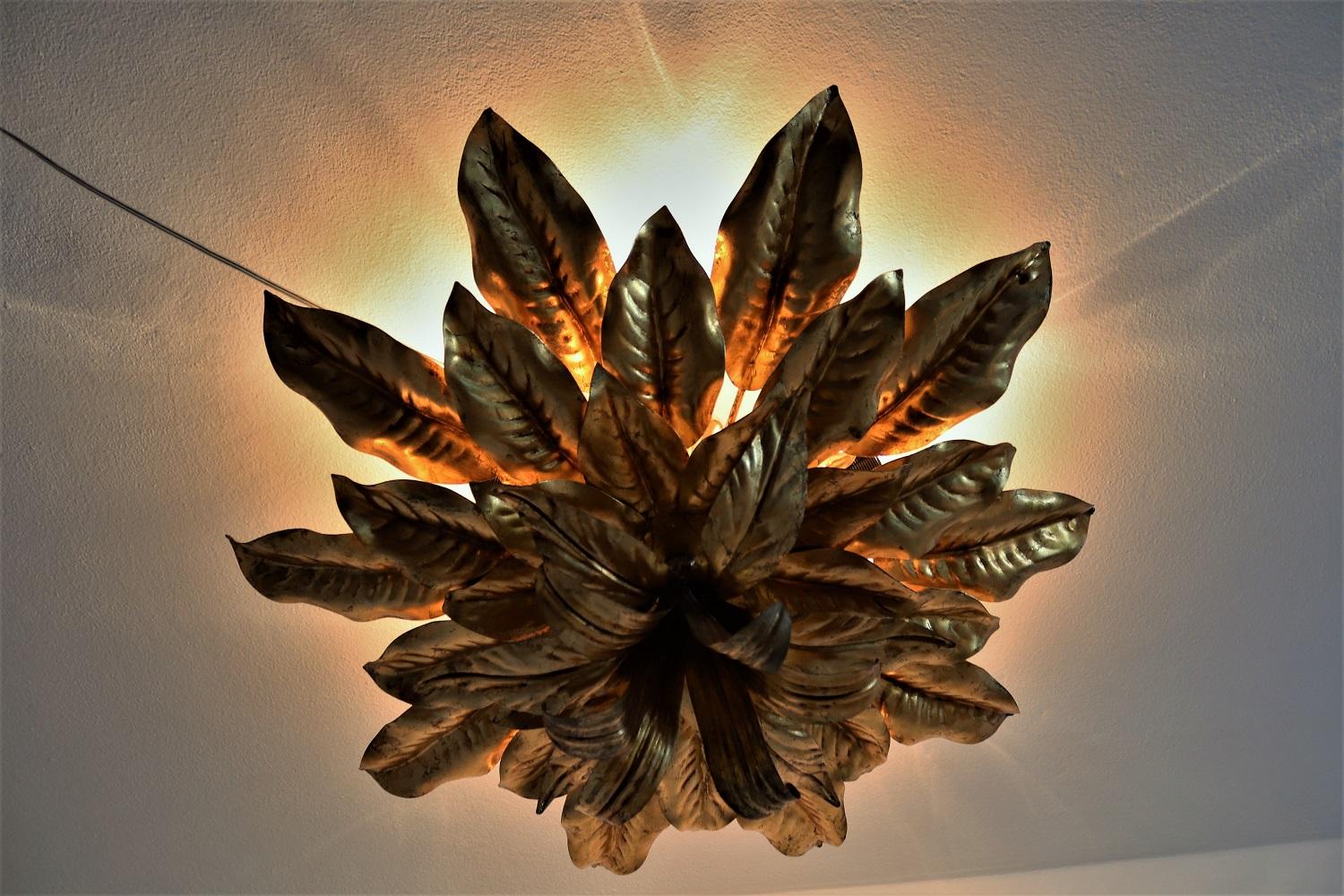 Italian midcentury XXL Gilt Flush Mount Ceiling Lamp with Leaves for Kögl, 1970s 9