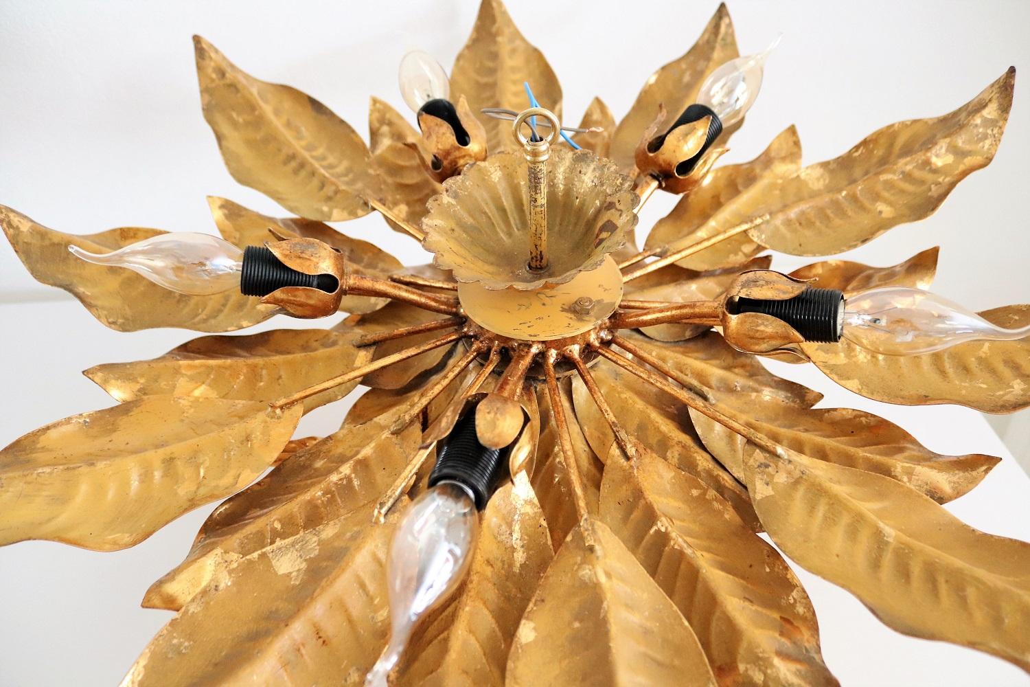 Italian midcentury XXL Gilt Flush Mount Ceiling Lamp with Leaves for Kögl, 1970s 10