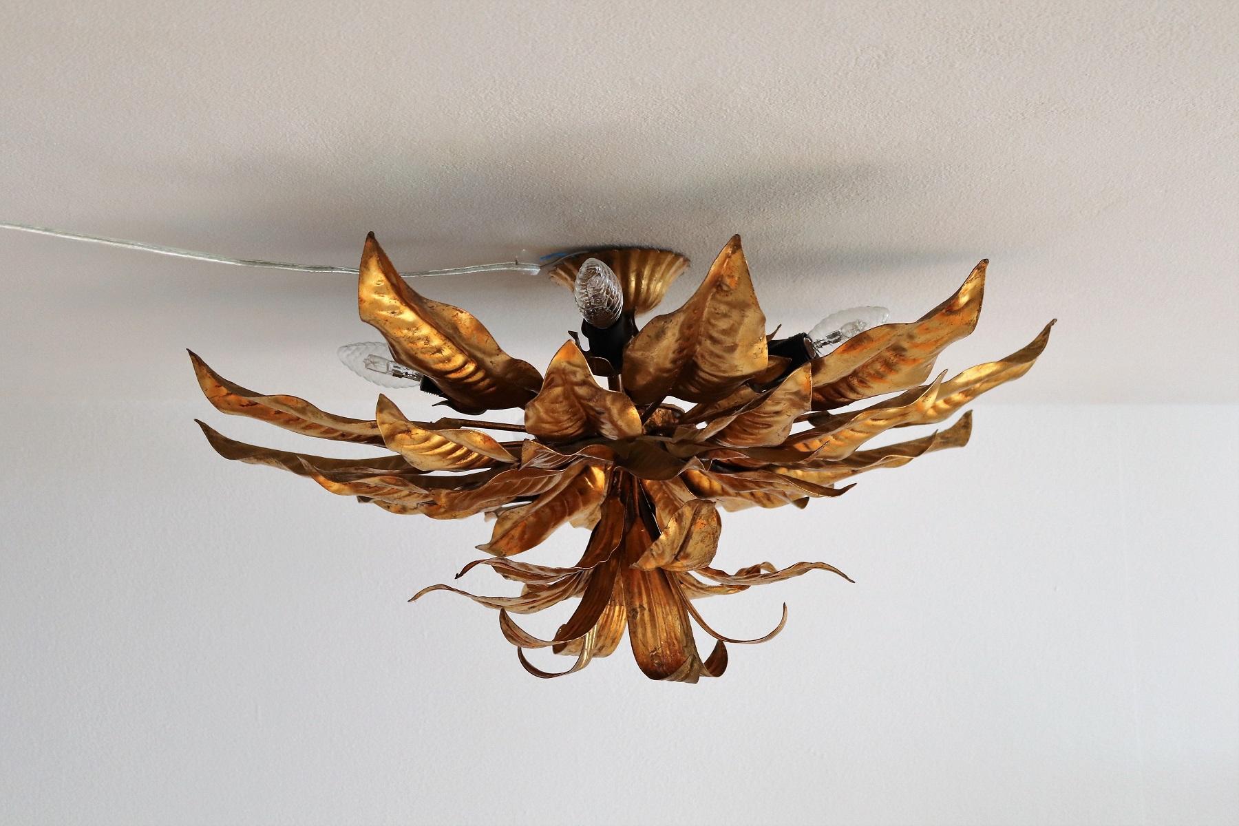 Italian midcentury XXL Gilt Flush Mount Ceiling Lamp with Leaves for Kögl, 1970s 11