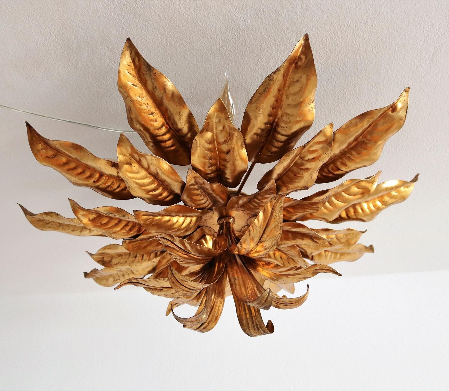 Metal Italian midcentury XXL Gilt Flush Mount Ceiling Lamp with Leaves for Kögl, 1970s