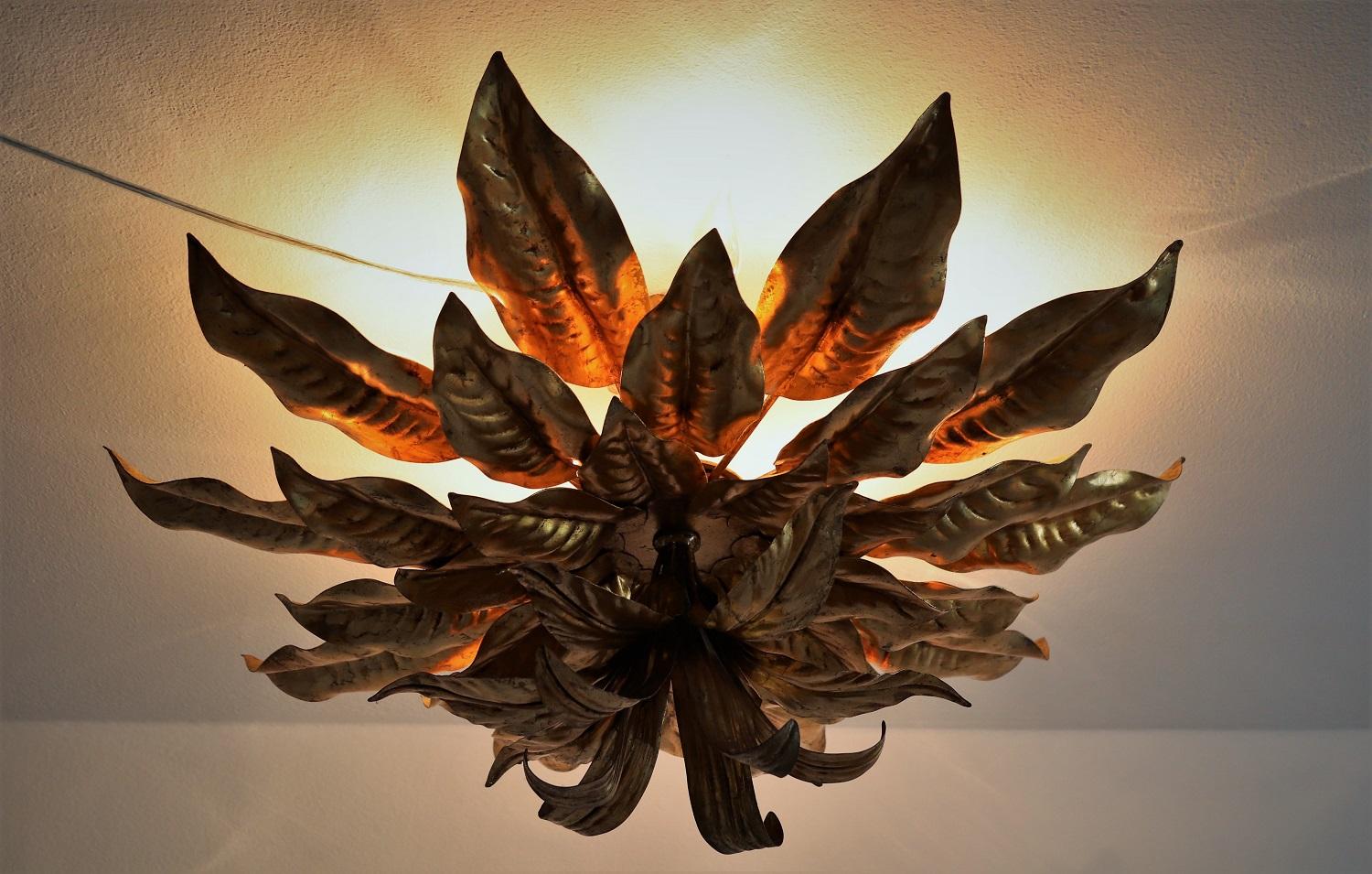 Italian midcentury XXL Gilt Flush Mount Ceiling Lamp with Leaves for Kögl, 1970s 1