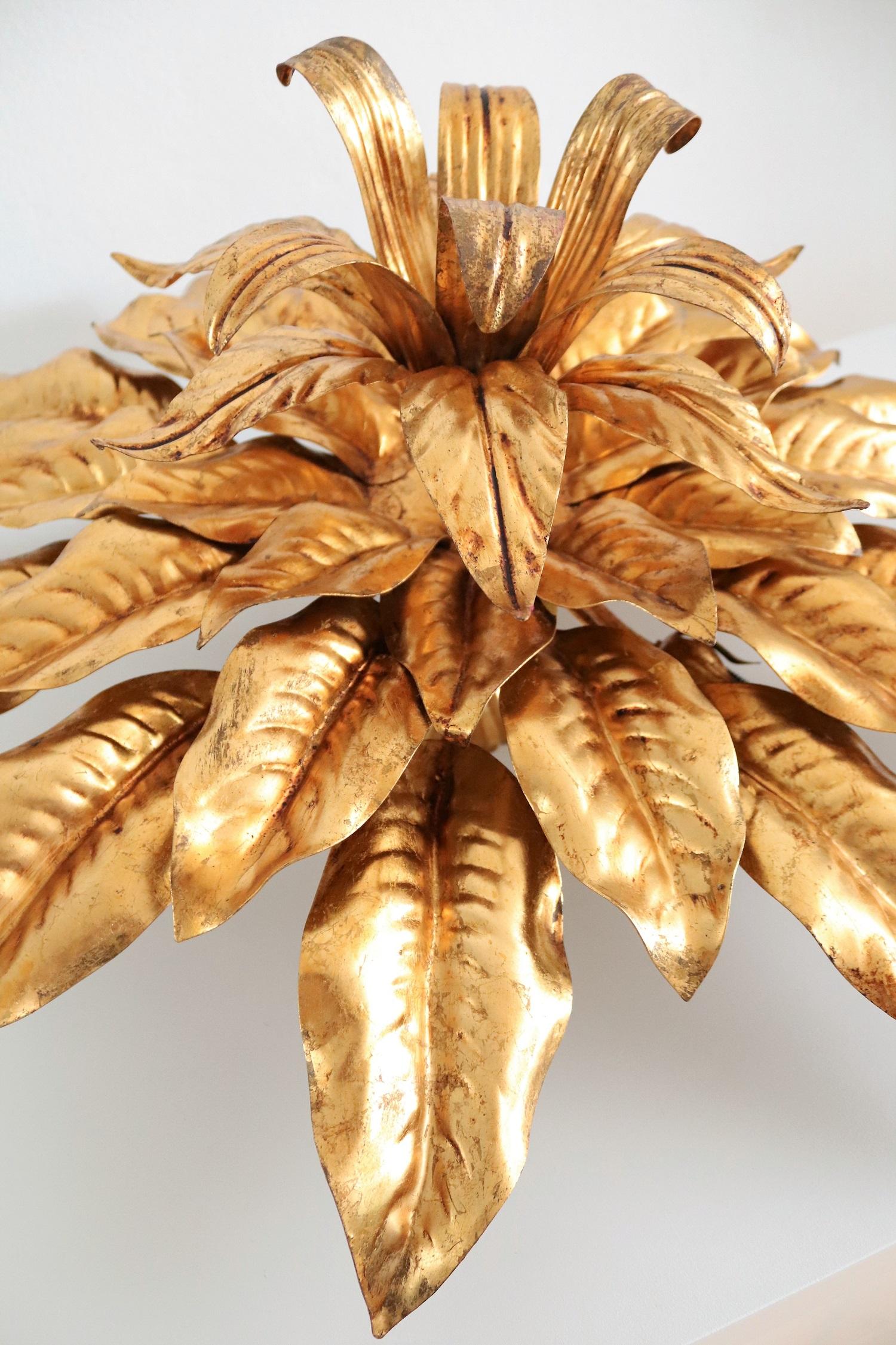 Italian midcentury XXL Gilt Flush Mount Ceiling Lamp with Leaves for Kögl, 1970s 2