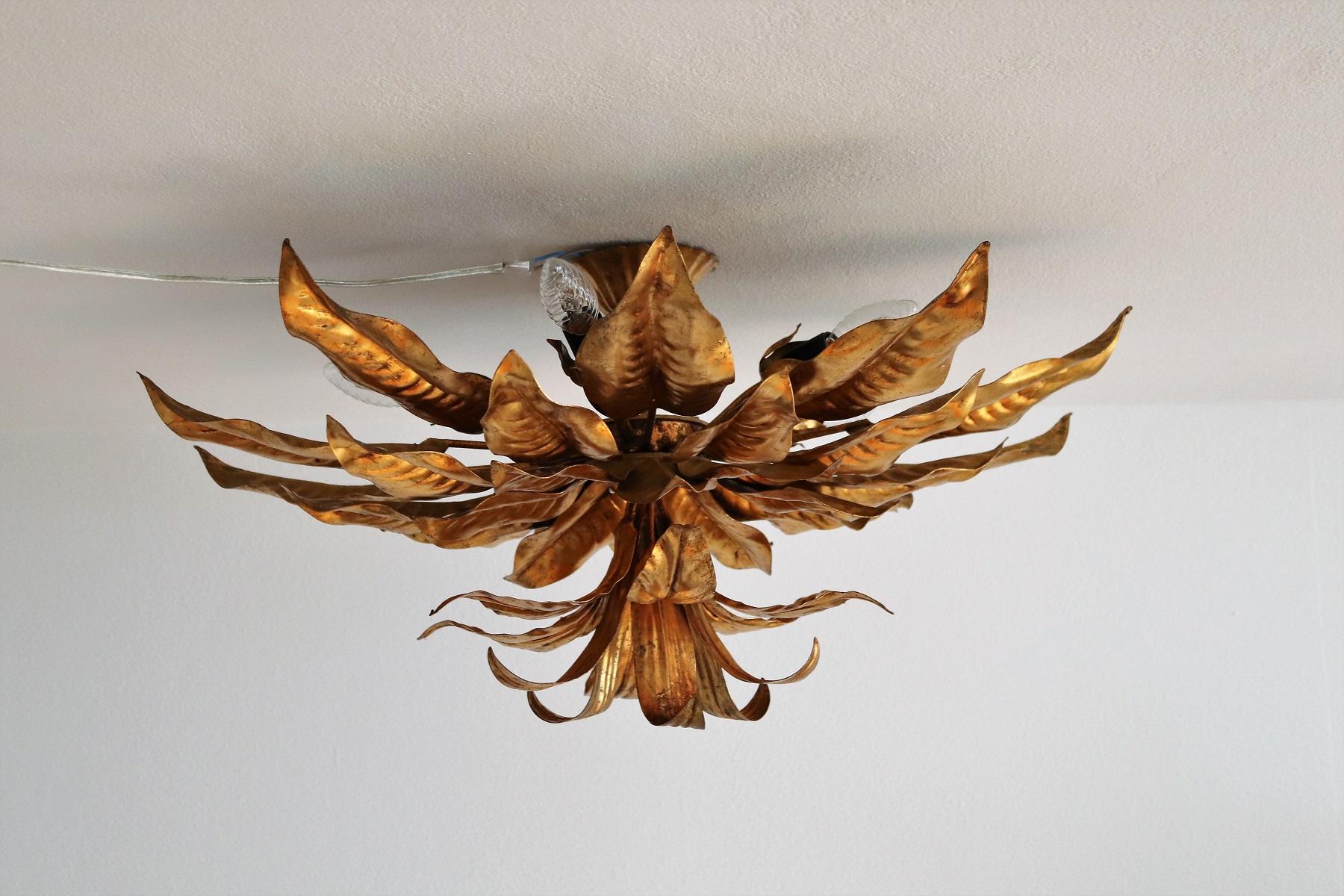 Late 20th Century Italian midcentury XXL Gilt Flush Mount Ceiling Lamp with Leaves for Kögl, 1970s