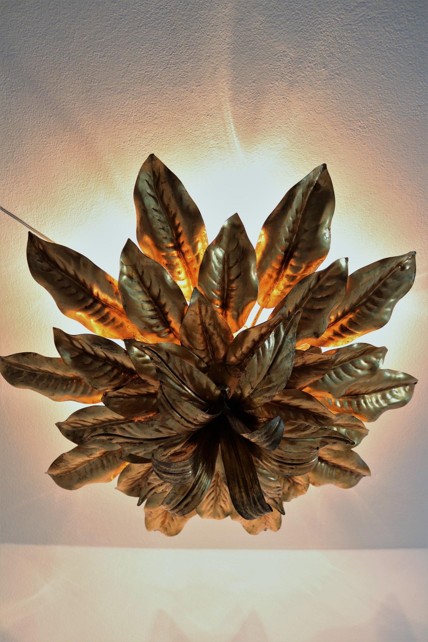 Italian midcentury XXL Gilt Flush Mount Ceiling Lamp with Leaves for Kögl, 1970s 6