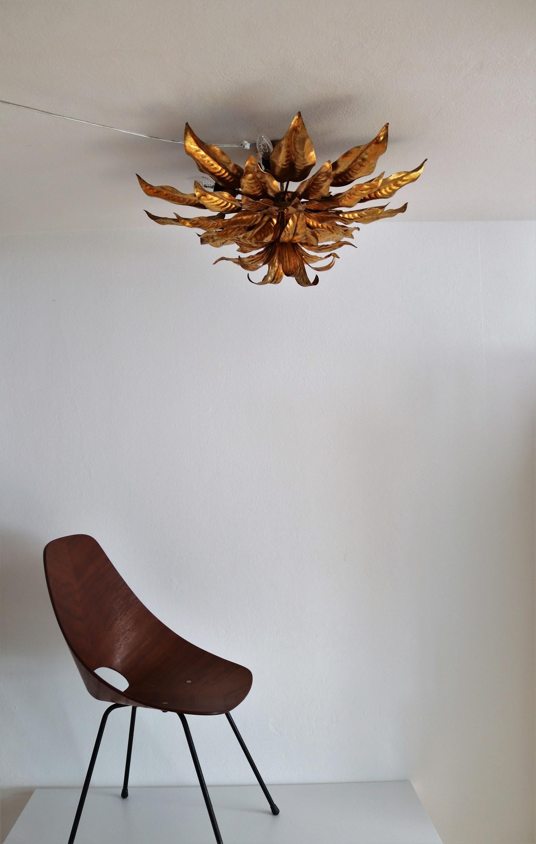 Italian midcentury XXL Gilt Flush Mount Ceiling Lamp with Leaves for Kögl, 1970s 3