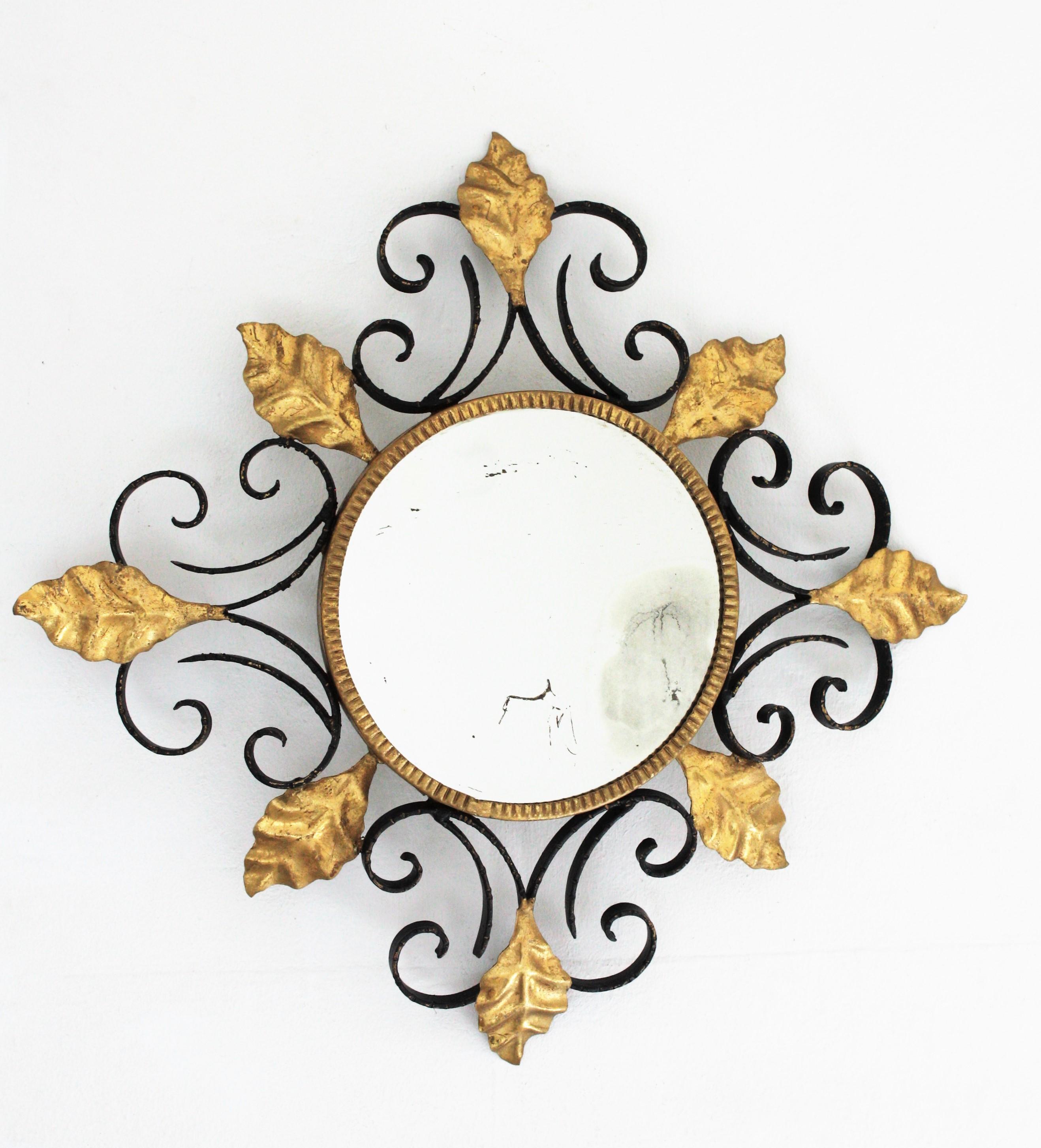 Scroll Foliate Black and Gilt Wrought Iron Flush Mount or Wall Mirror 3