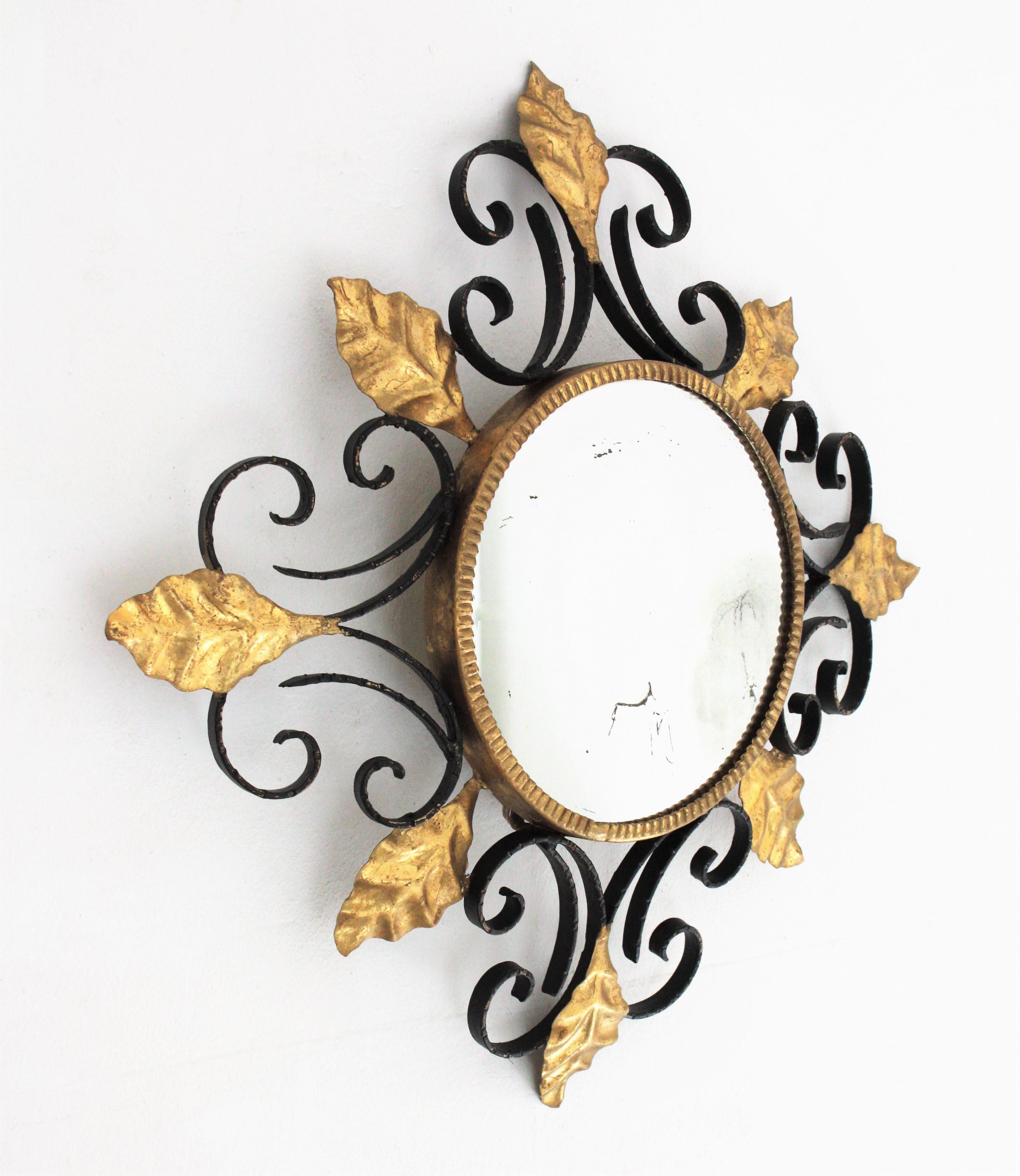 Scroll Foliate Black and Gilt Wrought Iron Flush Mount or Wall Mirror 4