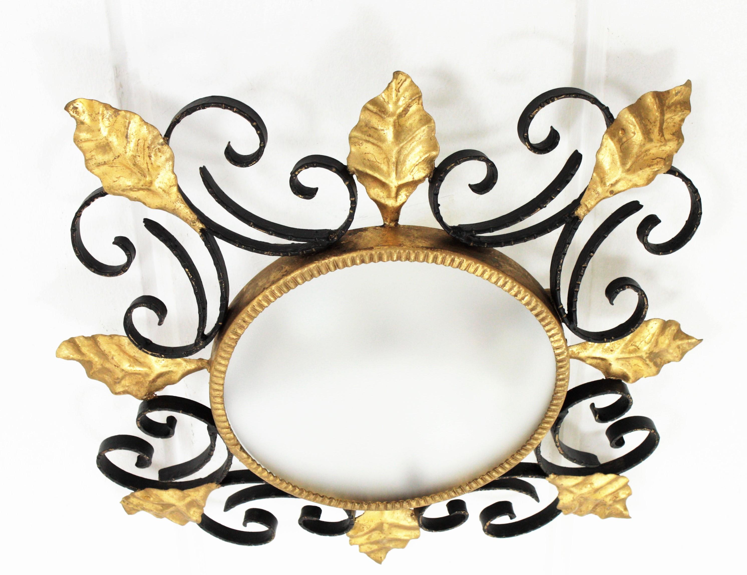 Frosted Scroll Foliate Black and Gilt Wrought Iron Flush Mount or Wall Mirror