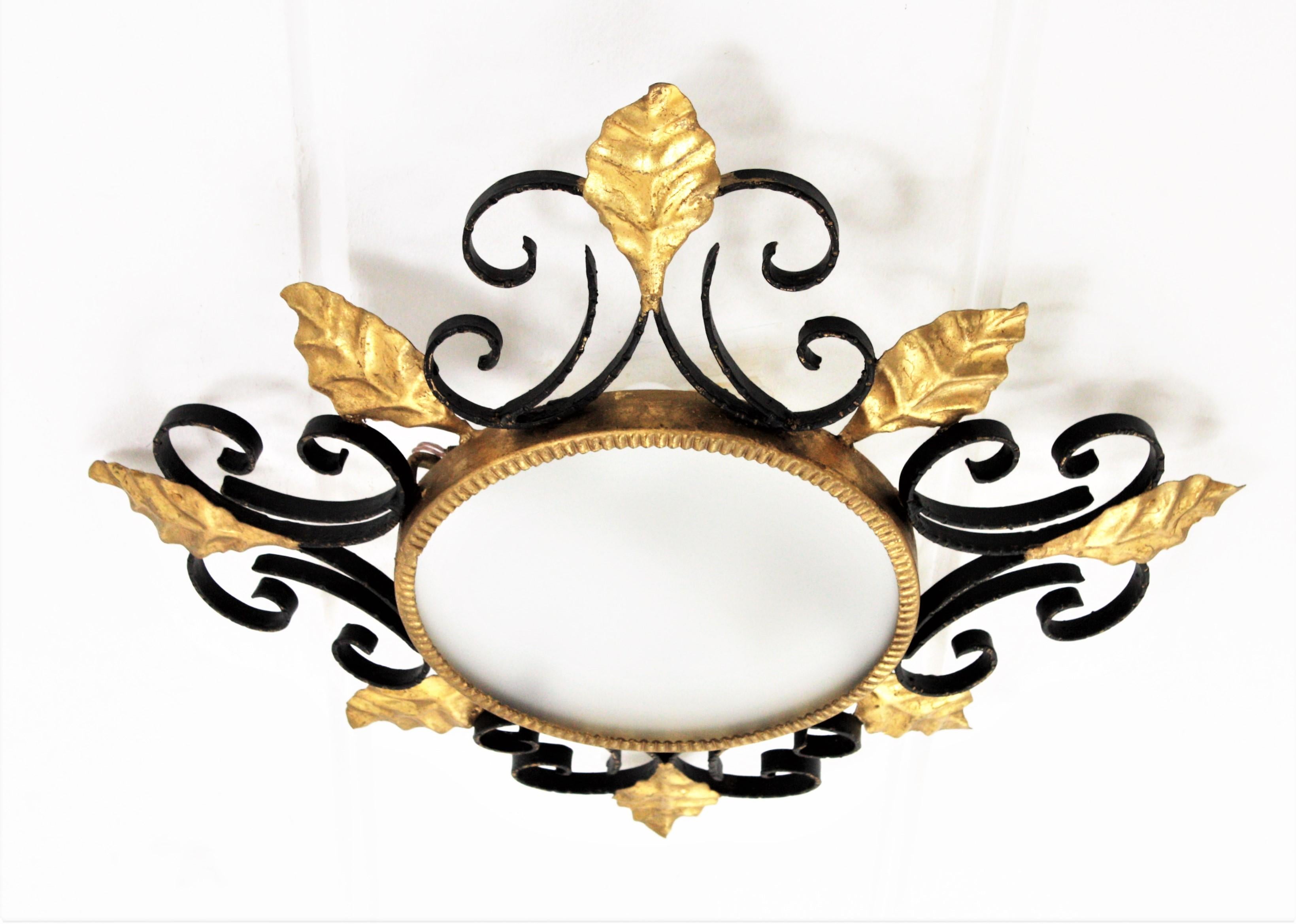 Scroll Foliate Black and Gilt Wrought Iron Flush Mount or Wall Mirror In Good Condition In Barcelona, ES