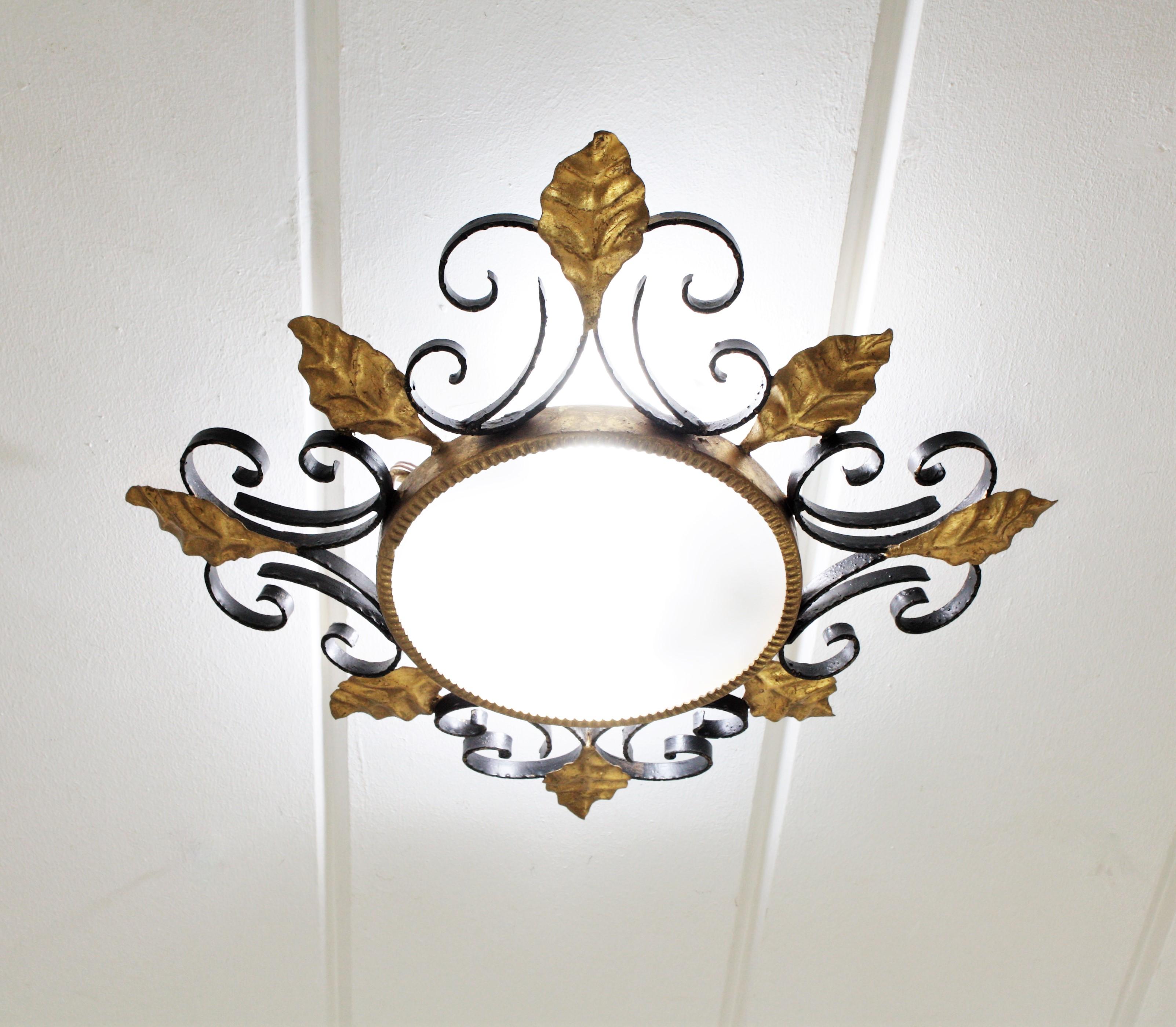 Scroll Foliate Black and Gilt Wrought Iron Flush Mount or Wall Mirror 1