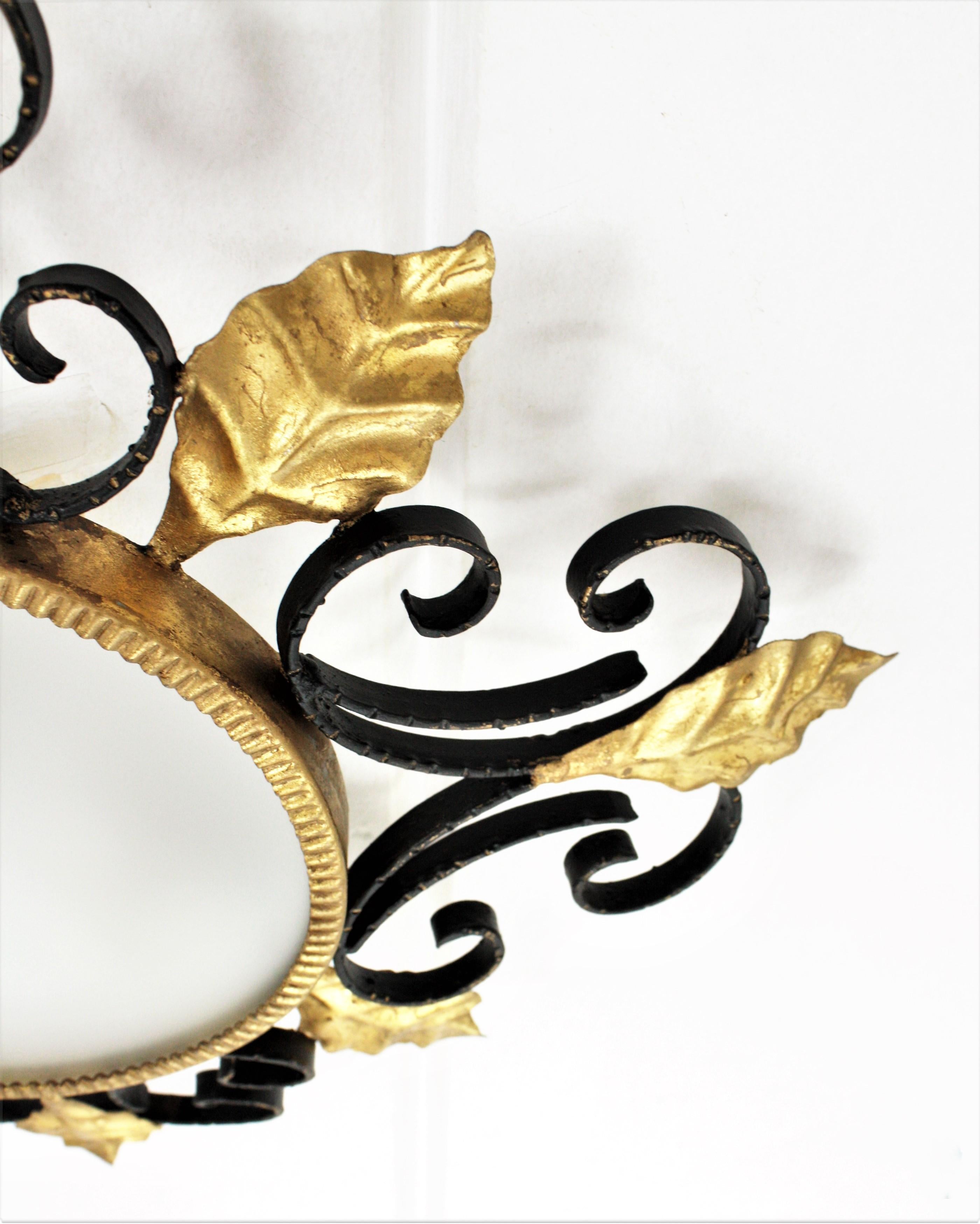 Scroll Foliate Black and Gilt Wrought Iron Flush Mount or Wall Mirror 2