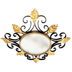 Scroll Foliate Black and Gilt Wrought Iron Flush Mount or Wall Mirror