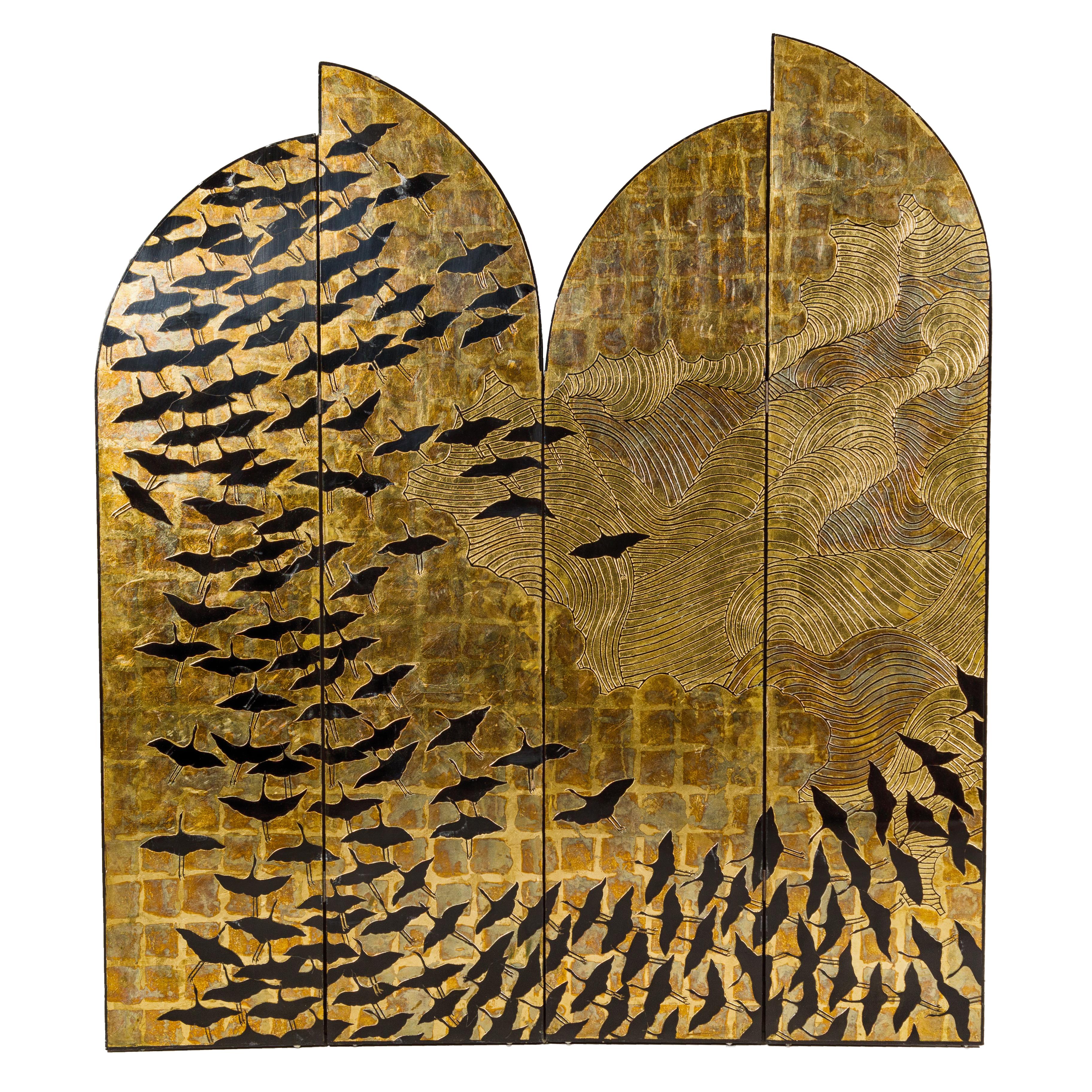 Hollywood Regency Black and Gold Four-Panel Screen with Hand-Painted Cranes For Sale 9