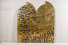 Hollywood Regency Black and Gold Four-Panel Screen with Hand-Painted Cranes