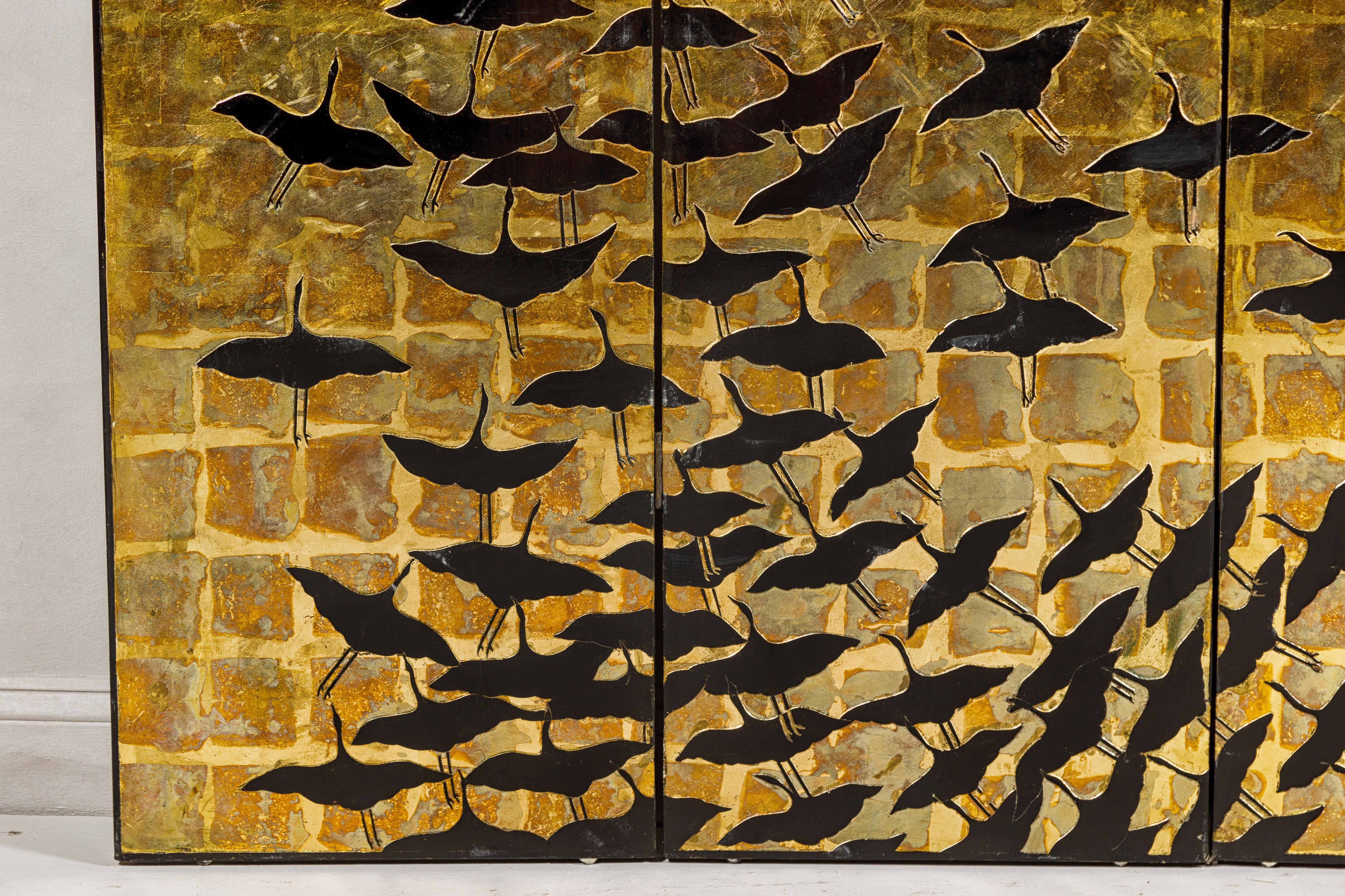 Hollywood Regency Black and Gold Four-Panel Screen with Hand-Painted Cranes In Good Condition For Sale In Yonkers, NY