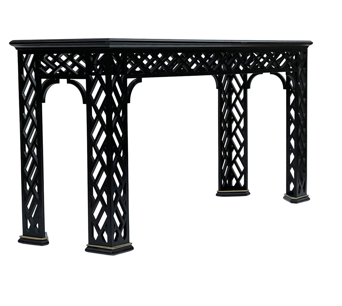 American Hollywood Regency Black Brass & Glass Chinoiserie Console Table or Sofa Table