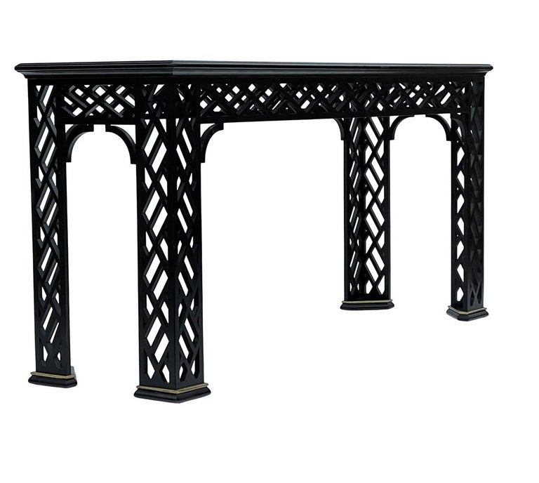 American Hollywood Regency Black Brass & Glass Chinoiserie Console Table or Sofa Table For Sale