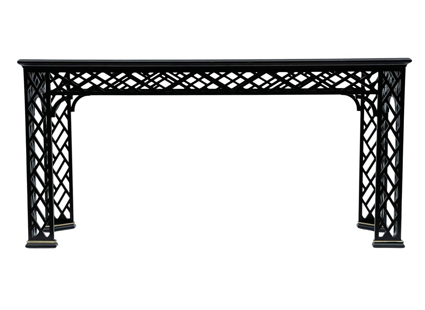 Late 20th Century Hollywood Regency Black Brass & Glass Chinoiserie Console Table or Sofa Table