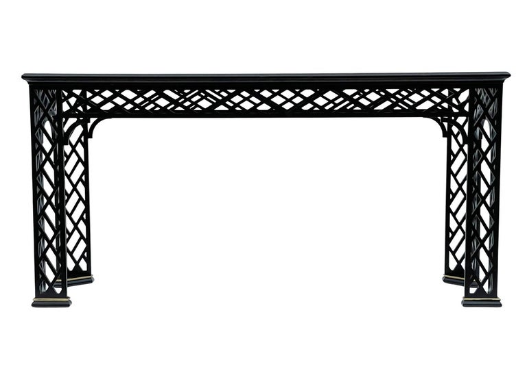 Late 20th Century Hollywood Regency Black Brass & Glass Chinoiserie Console Table or Sofa Table For Sale