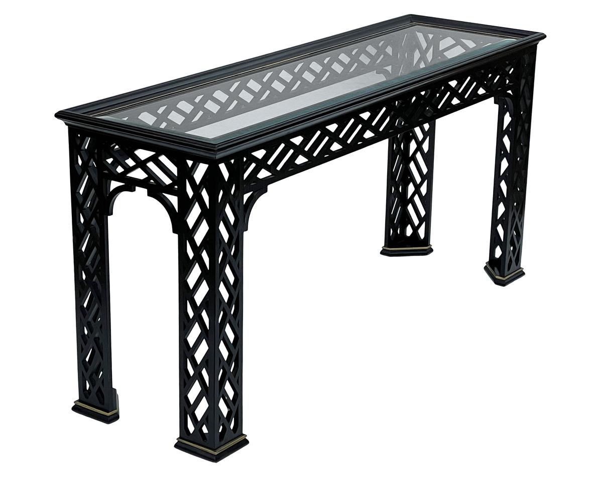 Hollywood Regency Black Brass & Glass Chinoiserie Console Table or Sofa Table 1