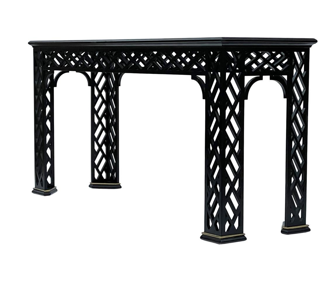 Hollywood Regency Black Brass & Glass Chinoiserie Console Table or Sofa Table 3