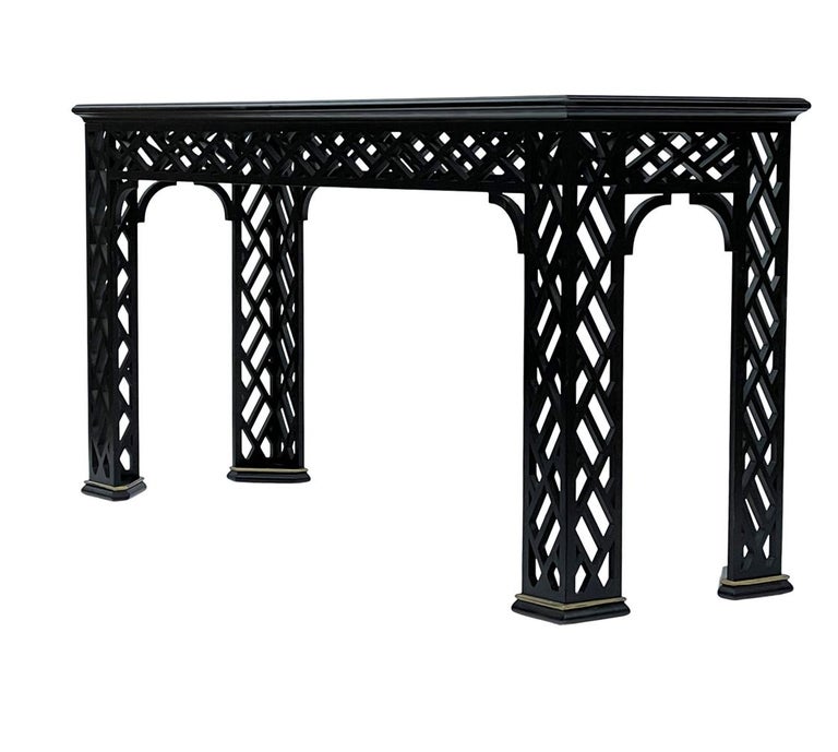 Hollywood Regency Black Brass & Glass Chinoiserie Console Table or Sofa Table For Sale 3