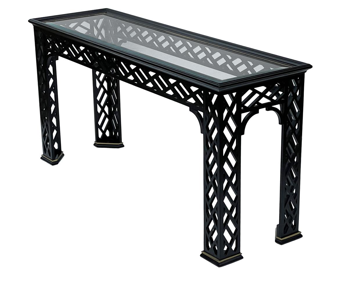 Hollywood Regency Black Brass & Glass Chinoiserie Console Table or Sofa Table 4