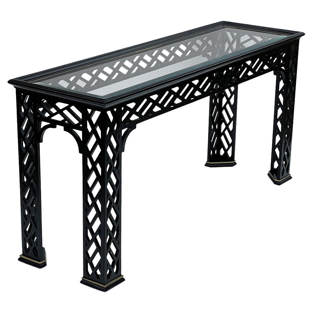 Hollywood Regency Black Brass & Glass Chinoiserie Console Table or Sofa Table