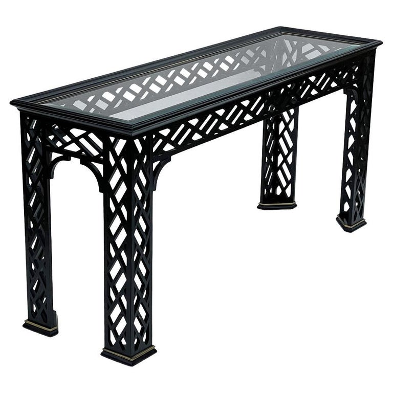 Hollywood Regency Black Brass & Glass Chinoiserie Console Table or Sofa Table For Sale