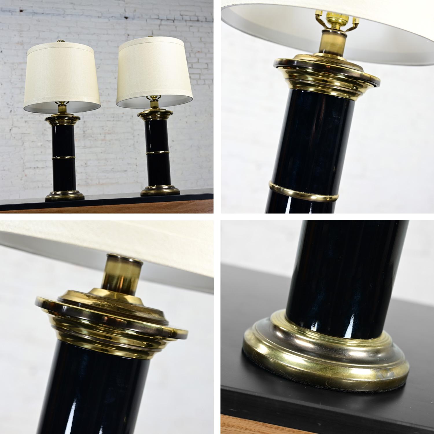 Hollywood Regency Black & Brass Plated Column Table Lamps Asian Finials a Pair For Sale 7