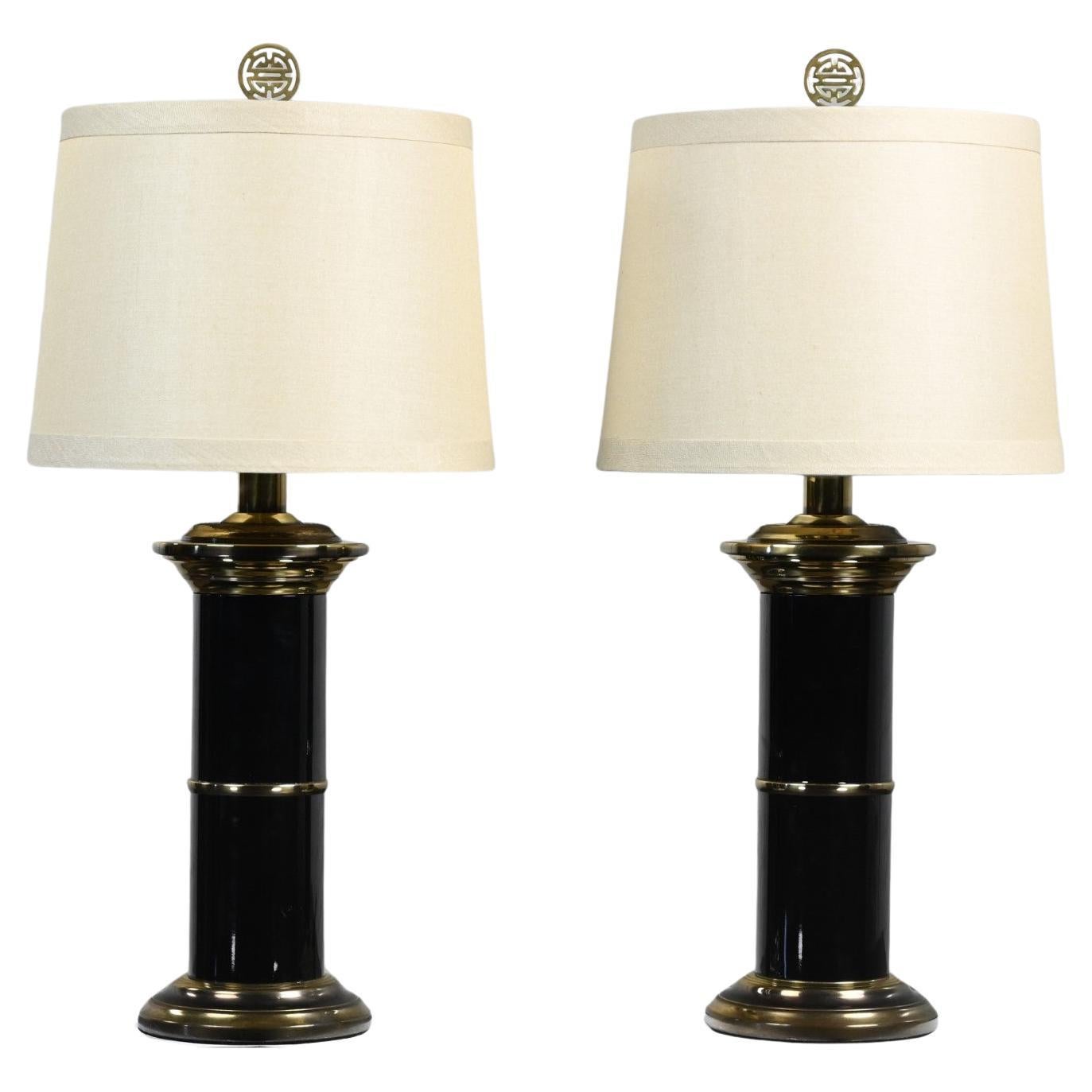Hollywood Regency Black & Brass Plated Column Table Lamps Asian Finials a Pair For Sale