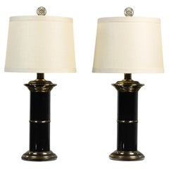Vintage Hollywood Regency Black & Brass Plated Column Table Lamps Asian Finials a Pair