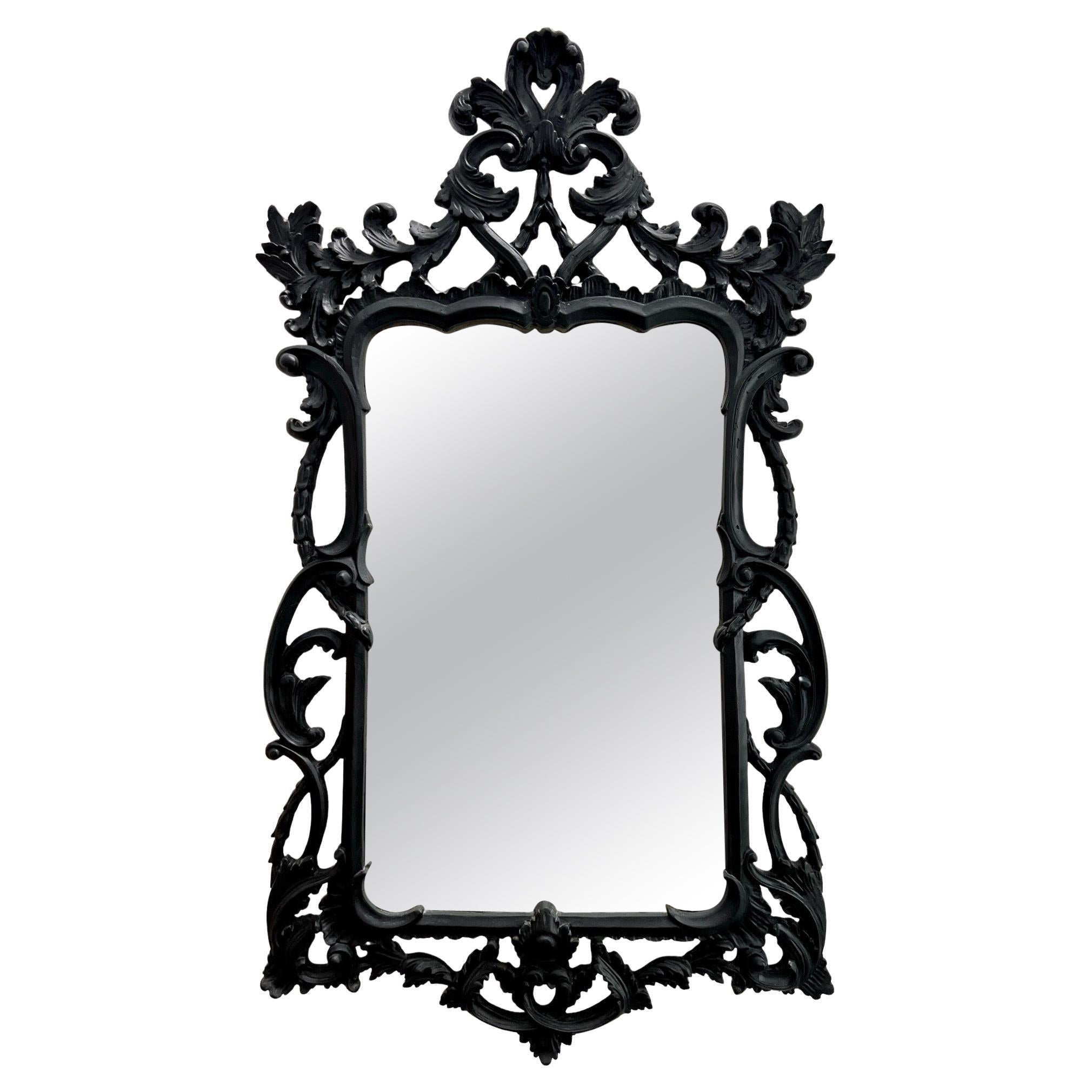 Hollywood Regency Black Carved Wood Mirror with Rococo Frame, Italy C. 1970
s
