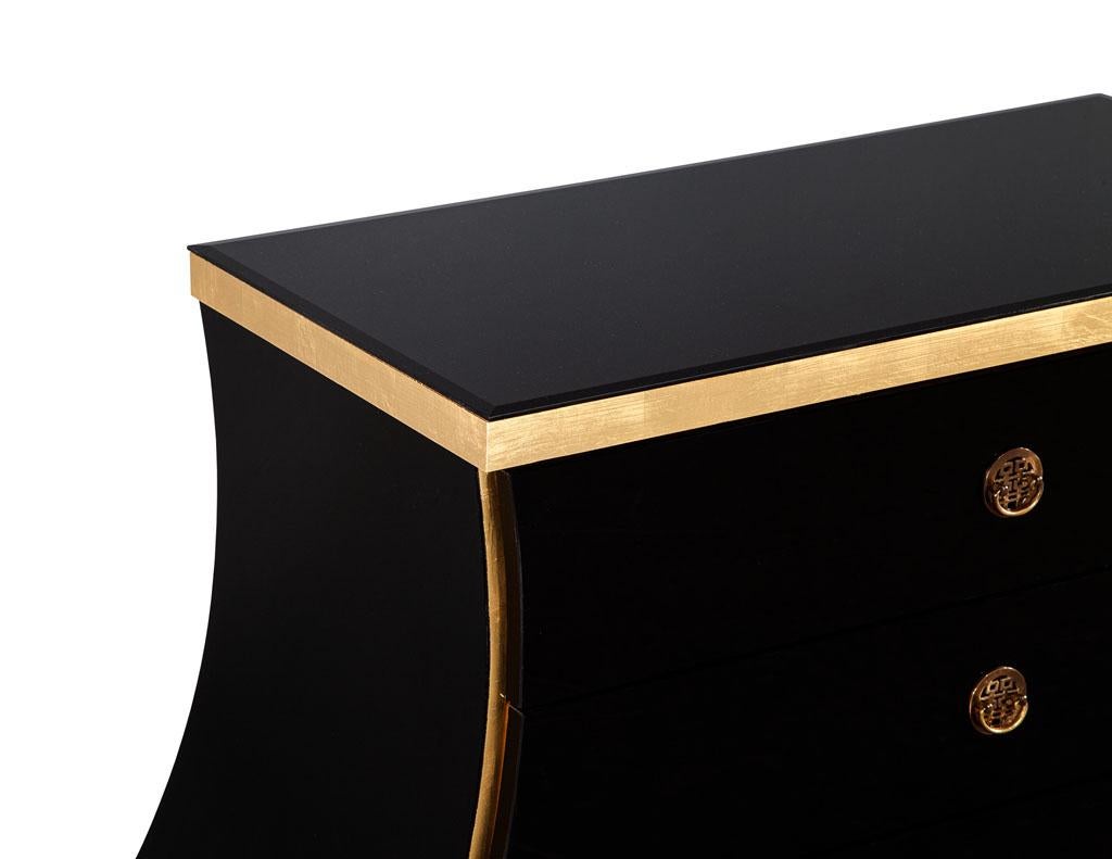 Hollywood Regency Black Glass and Gold Leaf Curved Commode For Sale 5