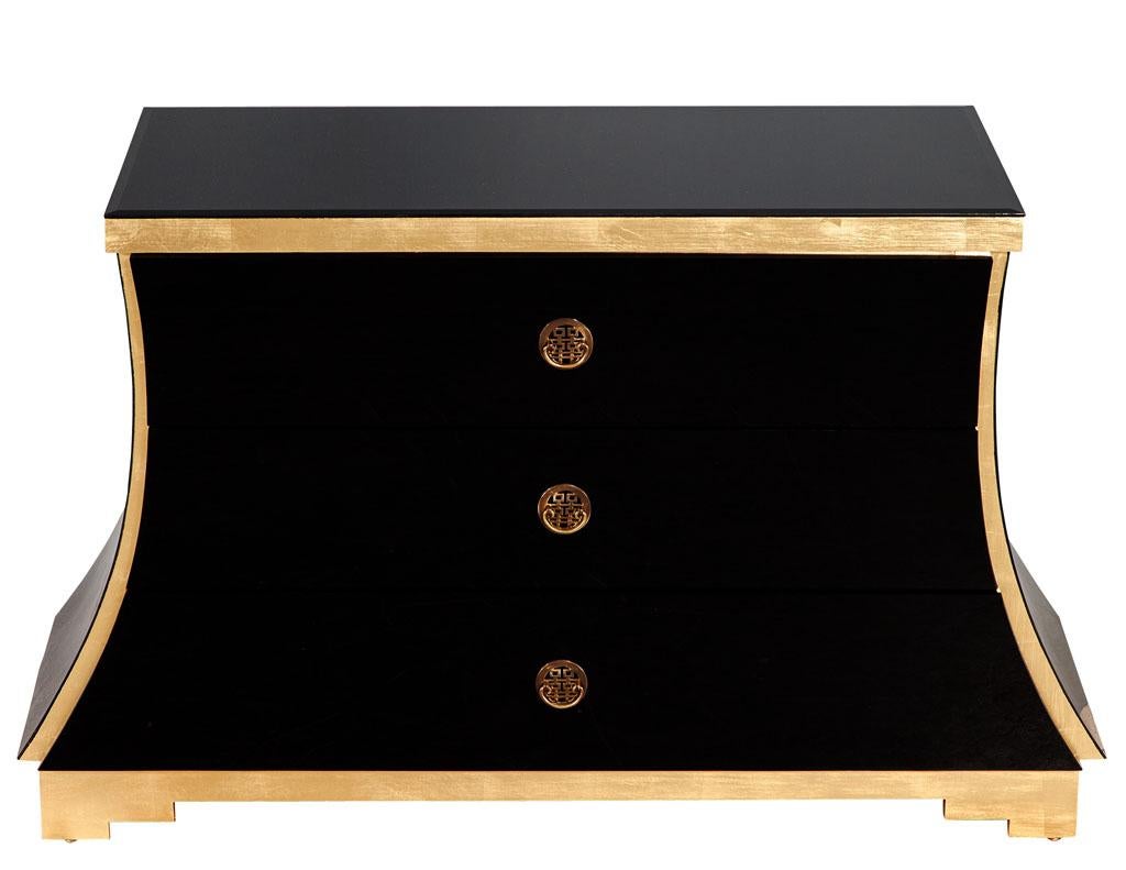 Hollywood Regency Black Glass and Gold Leaf Curved Commode For Sale 2