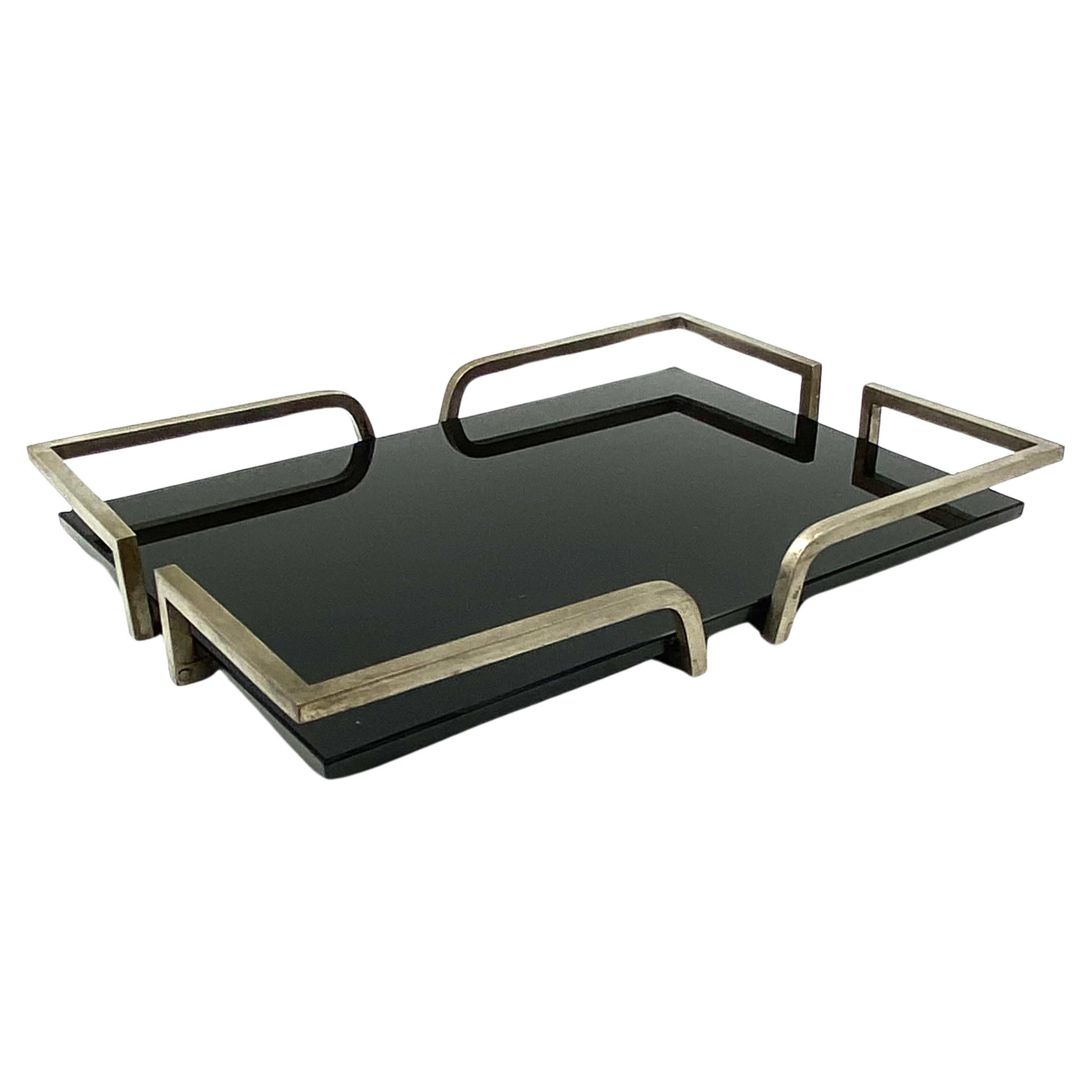 Hollywood regency black glass tray, France 1970s For Sale