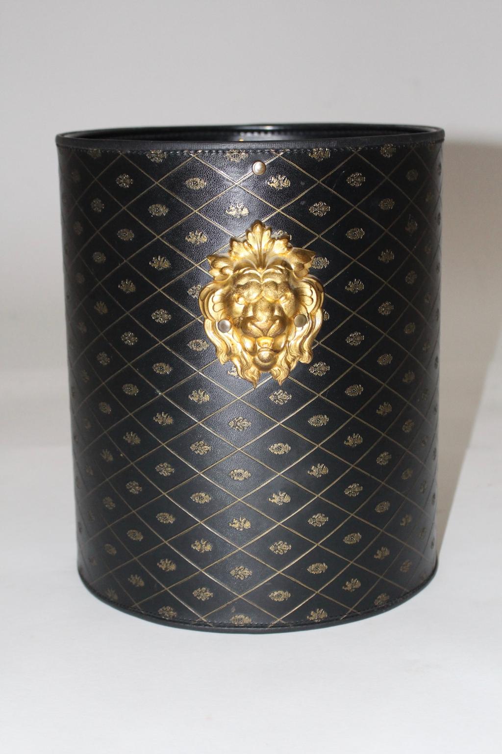 Hollywood Regency Black Gold Leather Paper Basket, 1970, France For Sale 6