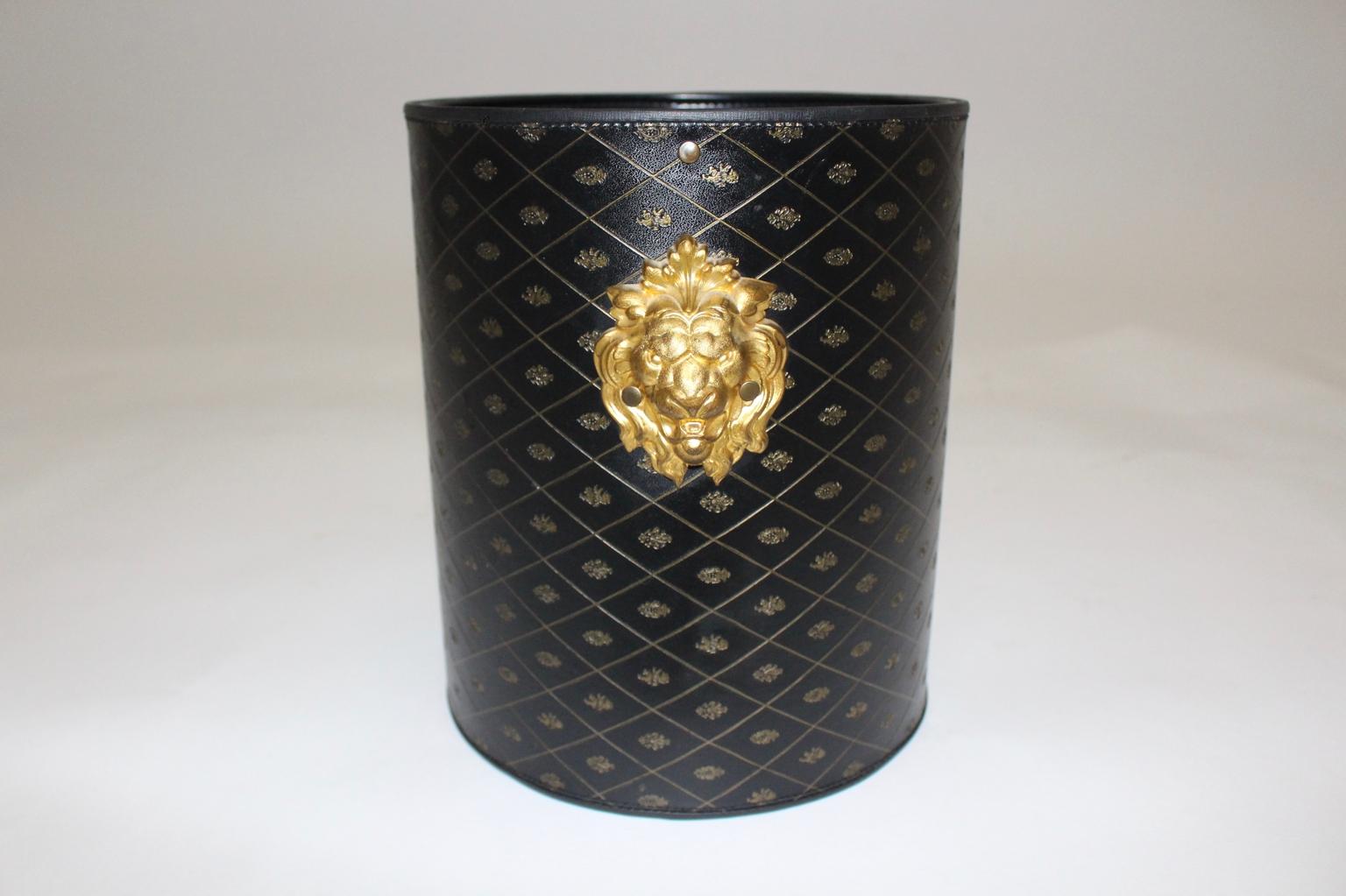Late 20th Century Hollywood Regency Black Gold Leather Paper Basket, 1970, France For Sale