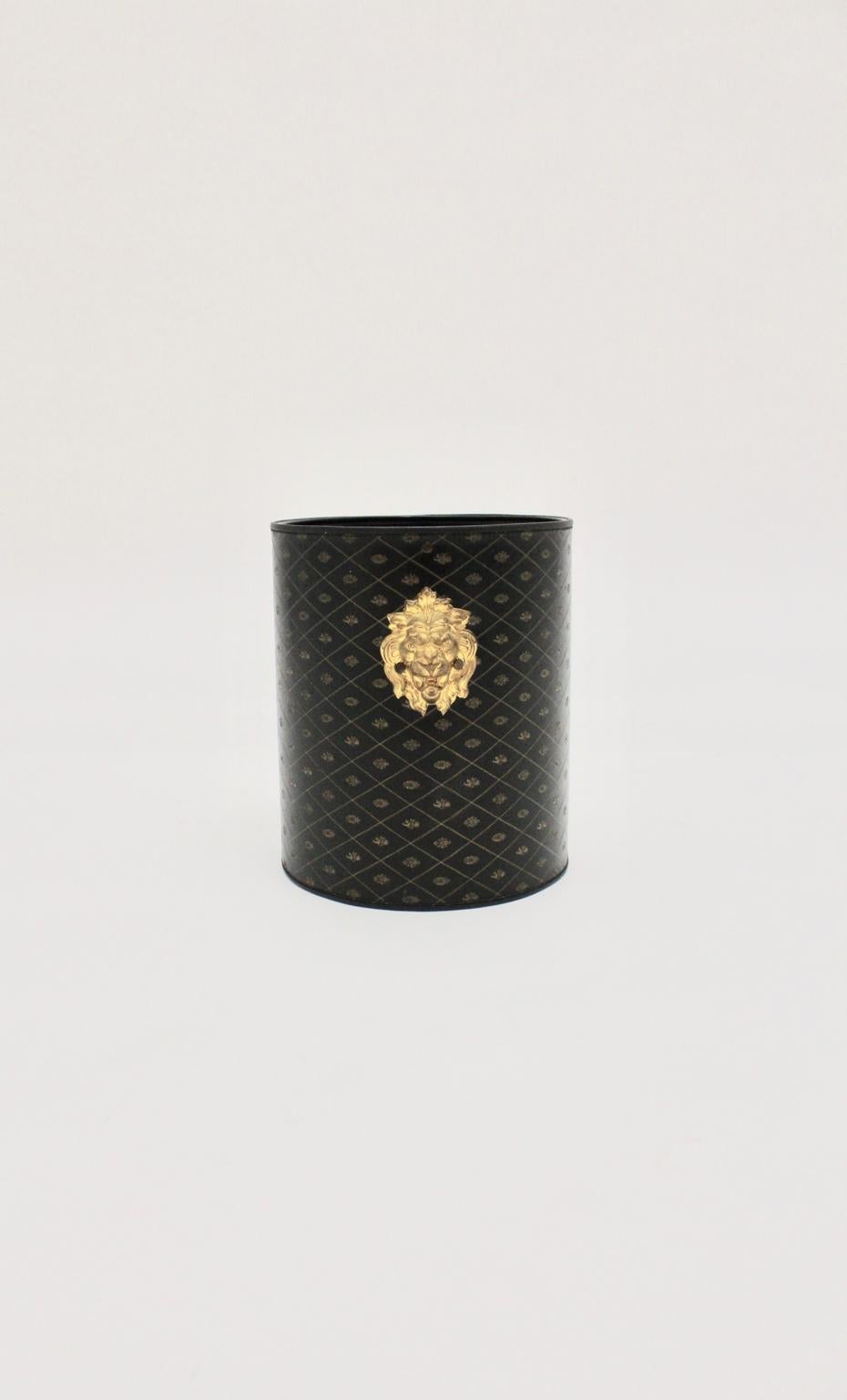 Hollywood Regency Black Gold Leather Paper Basket, 1970, France For Sale 1